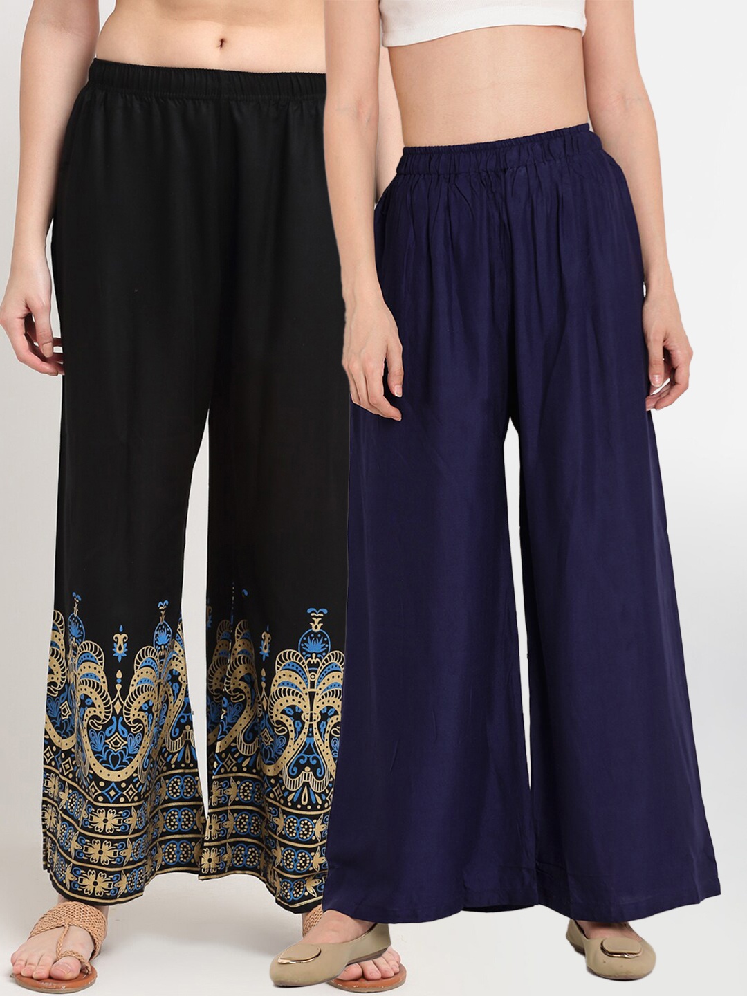 

TAG 7 Pack of 2 Women Navy Blue & Black Printed Wide Leg Palazzos