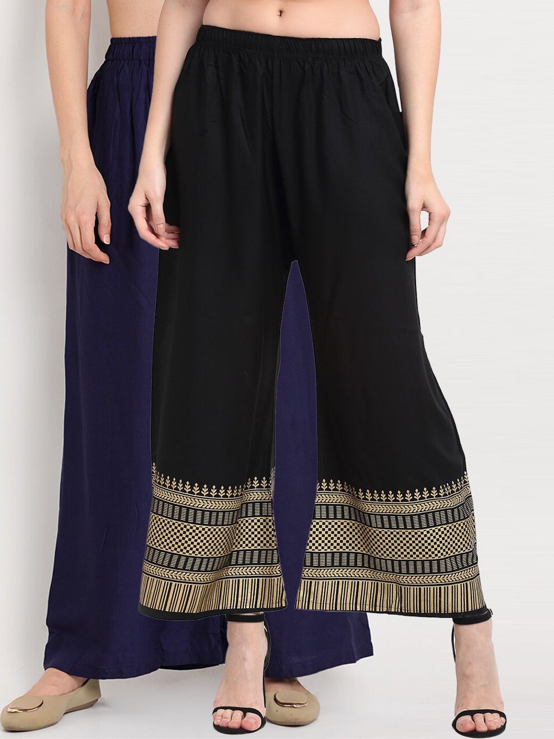 

TAG 7 Women Pack of 2 Navy Blue & Black Wide-Leg Palazzos