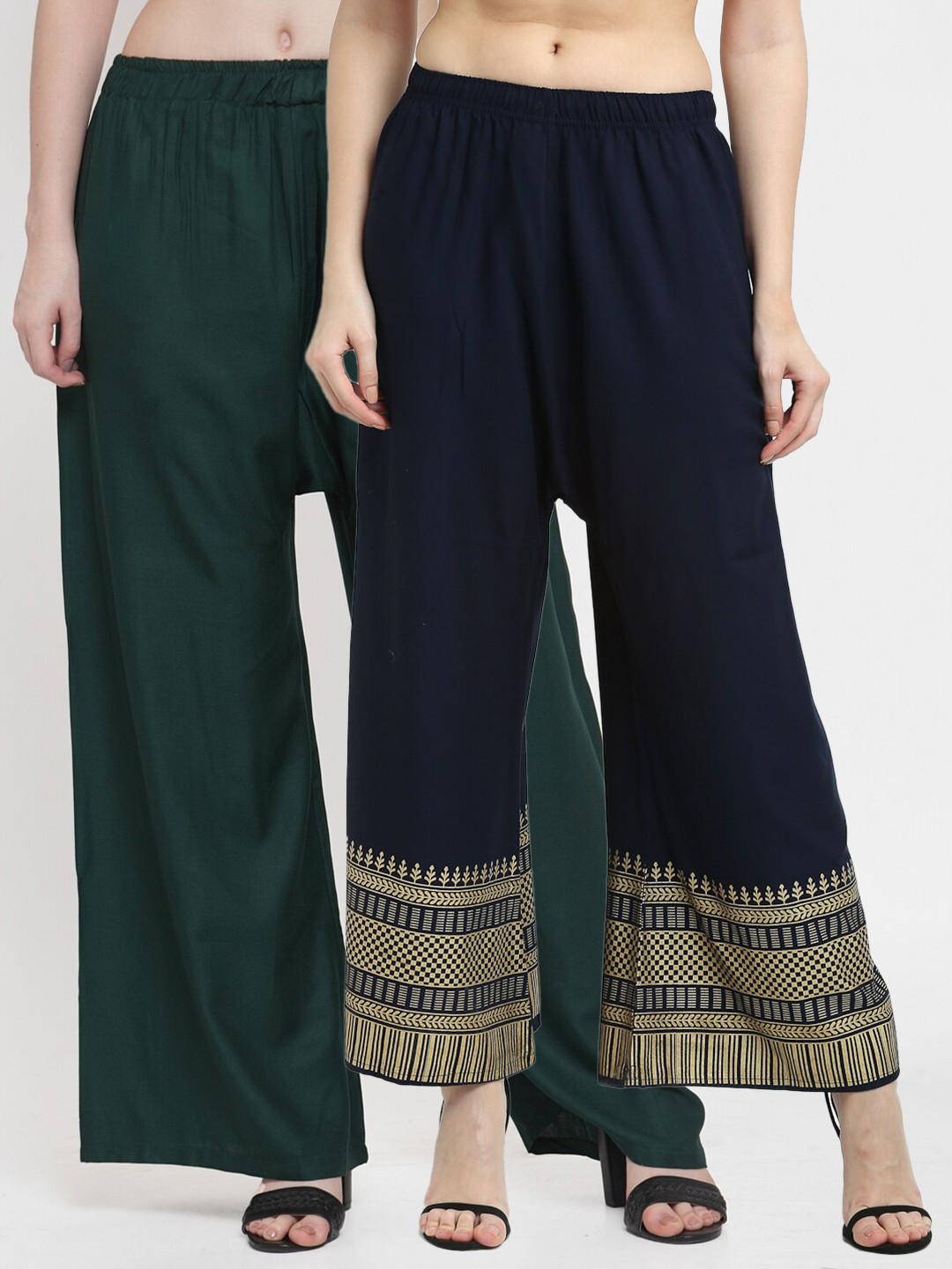 

TAG 7 Women Pack of 2 Green & Navy Blue Printed Wide Leg Palazzos