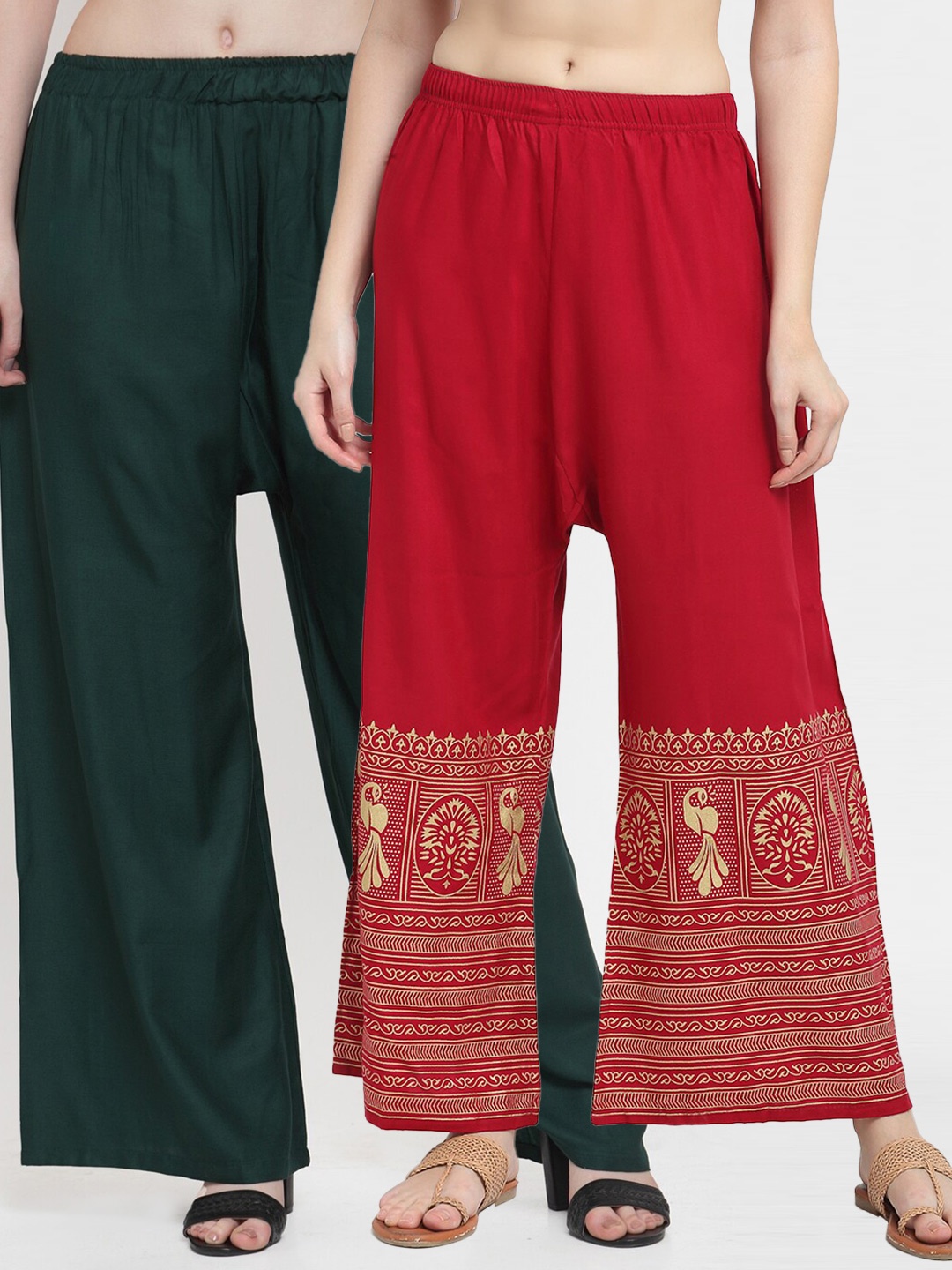 

TAG 7 Women Pack of 2 Green & Maroon Wide-Leg Palazzos
