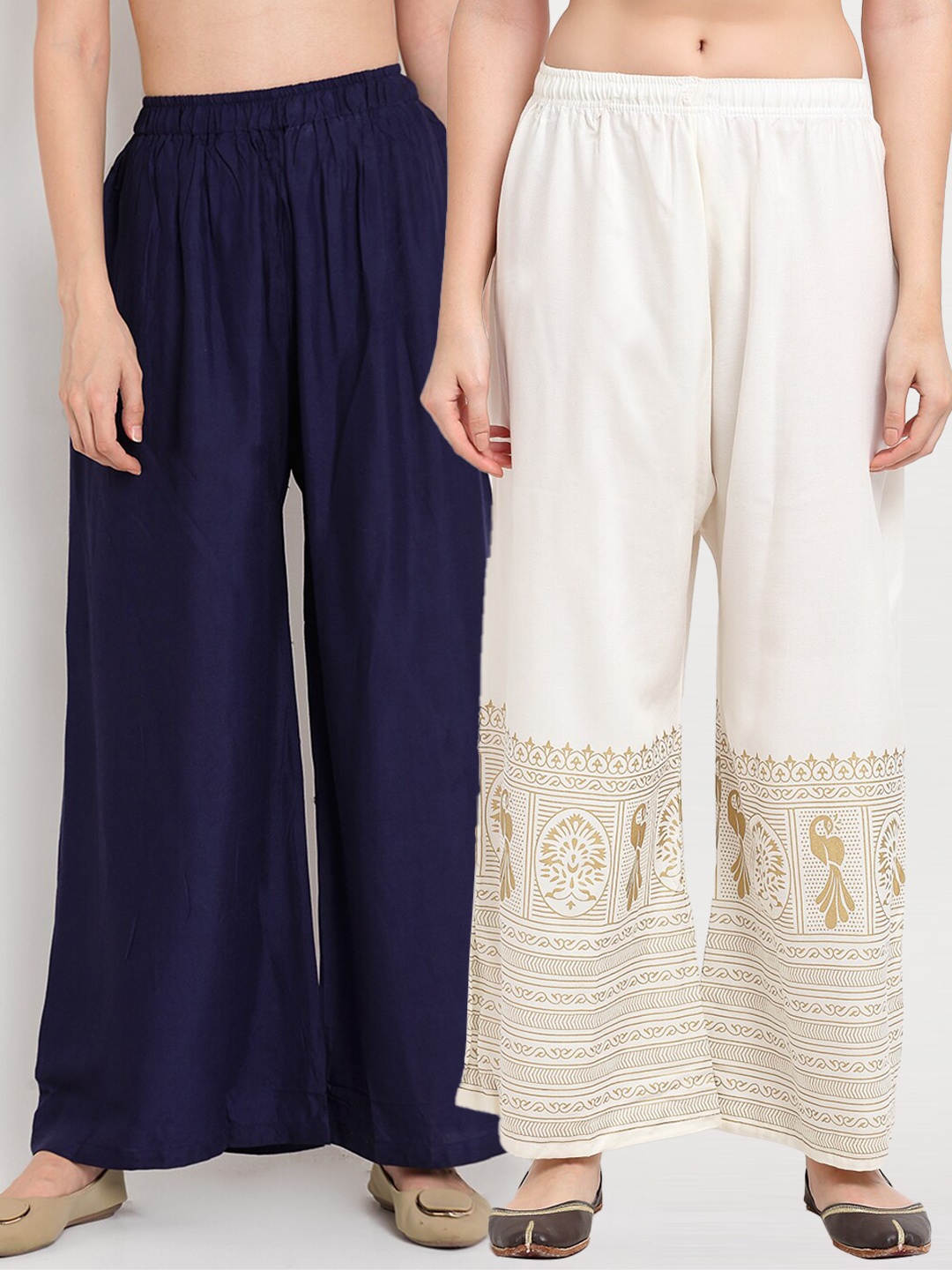 

TAG 7 Women Pack of 2 Navy Blue & Off White Solid Wide Leg Palazzos