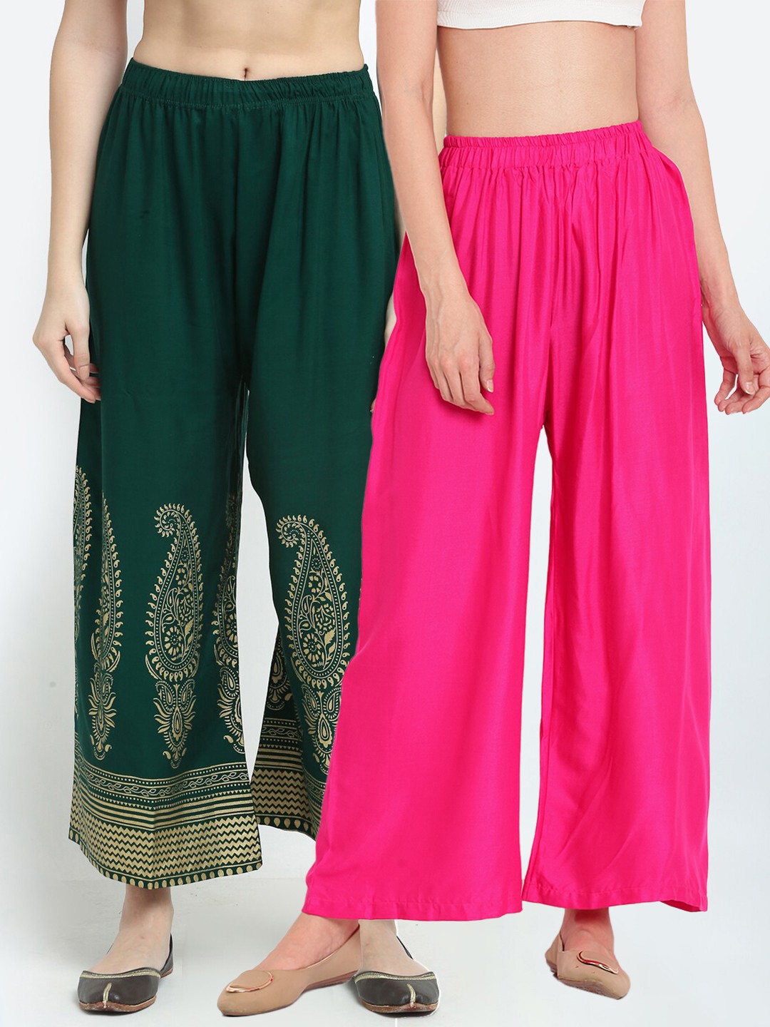 

TAG 7 Women Pack of 2 Pink & Green Printed Wide Leg Palazzos