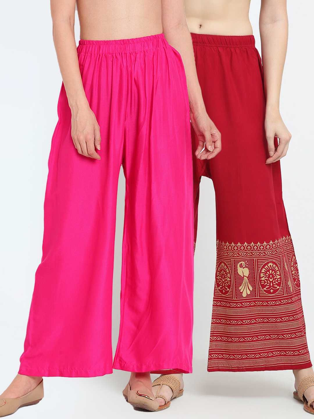 

TAG 7 Women Pack of 2 Pink & Maroon Printed Wide Leg Palazzos