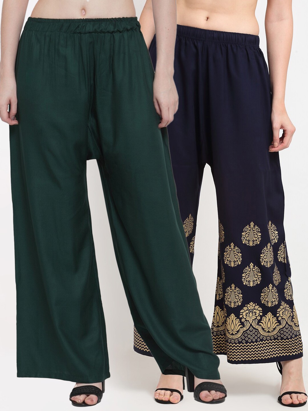 

TAG 7 Women Pack of 2 Green & Navy Blue Flared Palazzos
