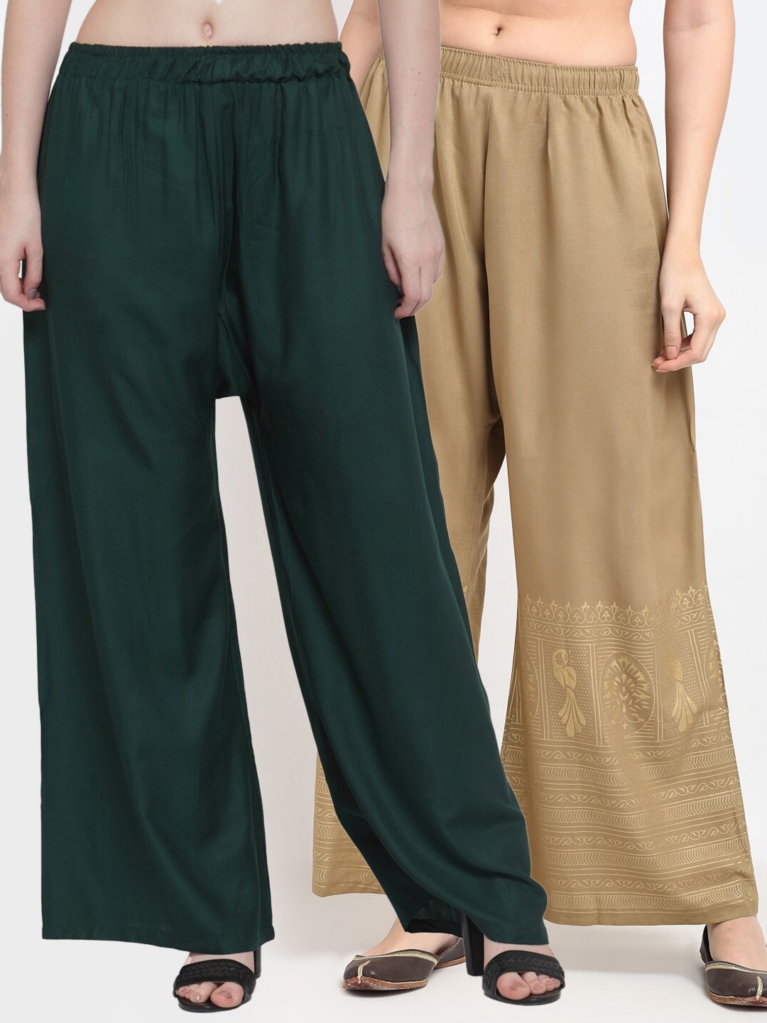 

TAG 7 Women Pack of 2 Green & Beige Flared Palazzos