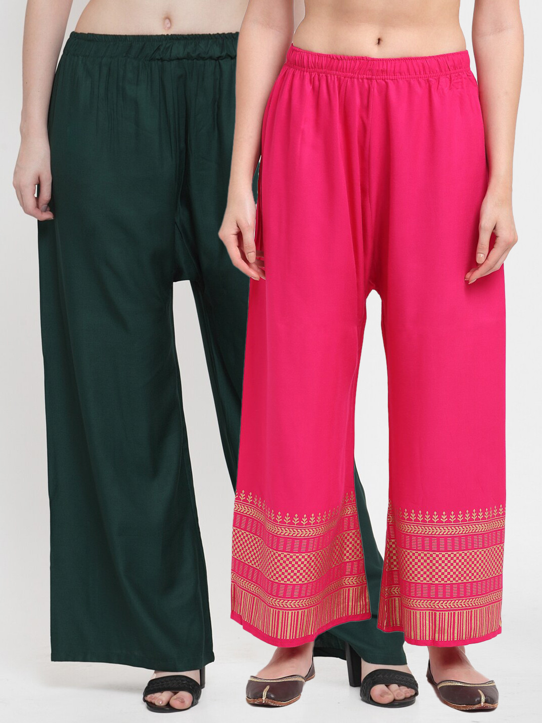 

TAG 7 Women Pack of 2 Green & Pink Solid Wide Leg Palazzos