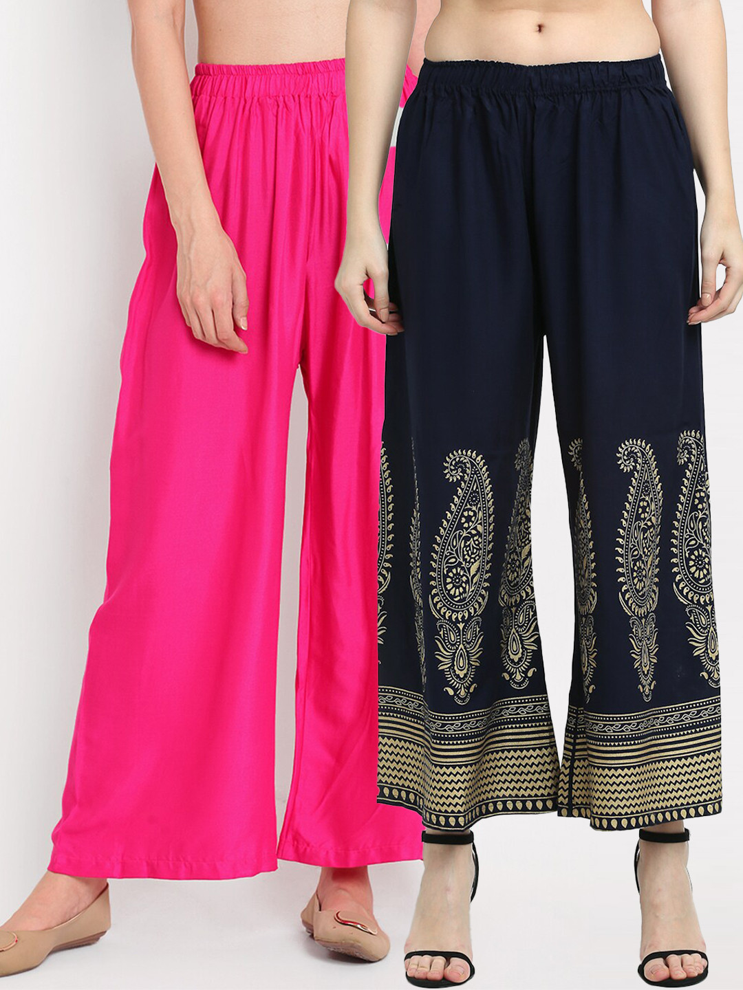 

TAG 7 Women Pack of 2 Pink & Navy Blue Wide Leg Palazzos
