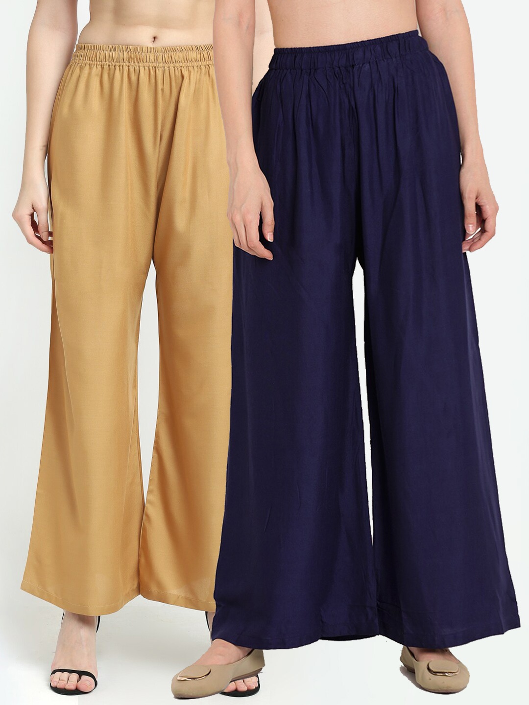 

TAG 7 Women Pack of 2 Navy Blue & Beige Solid Flared Palazzos