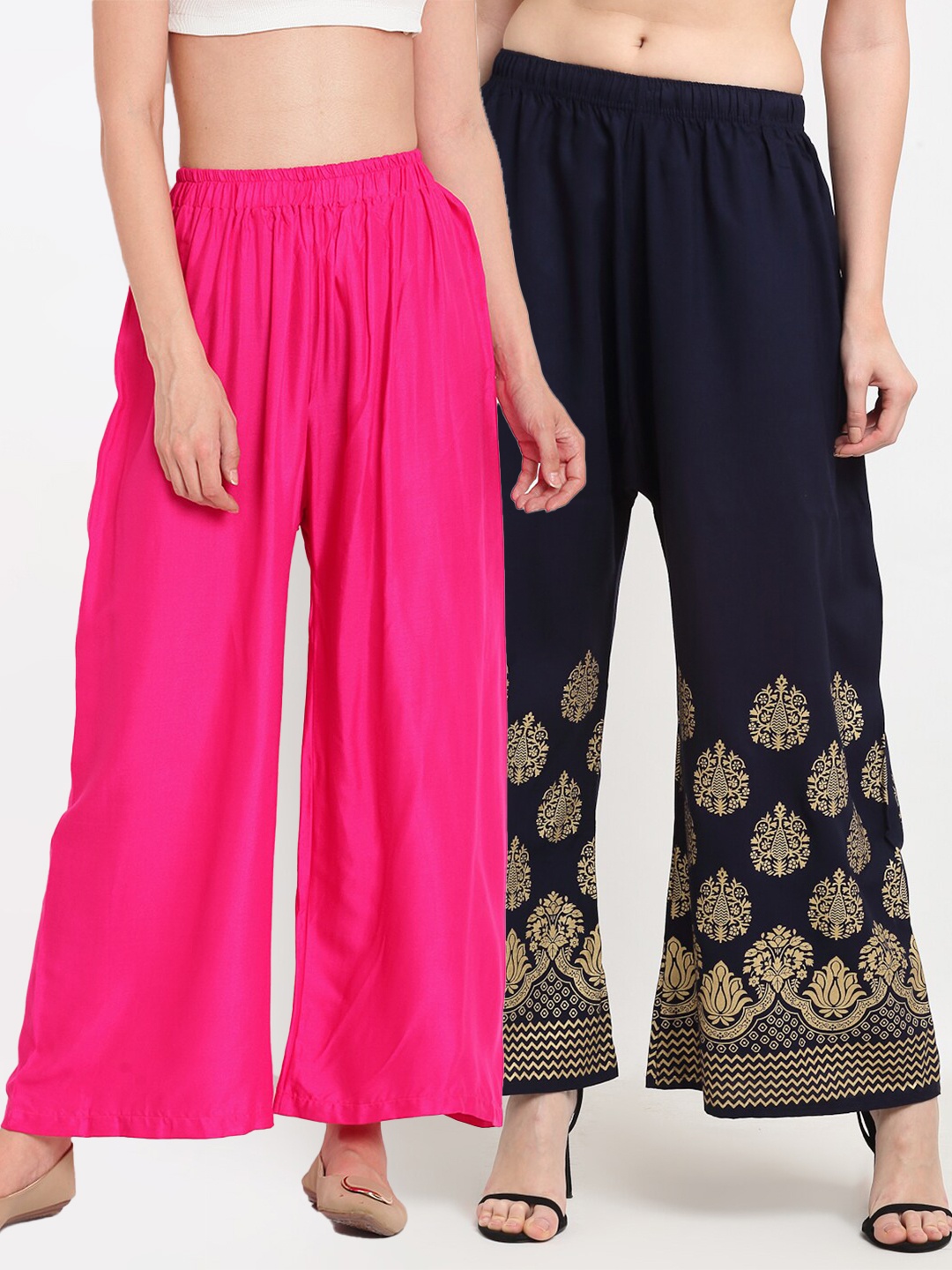 

TAG 7 Women Pack of 2 Pink & Navy Blue Wide Leg Palazzos