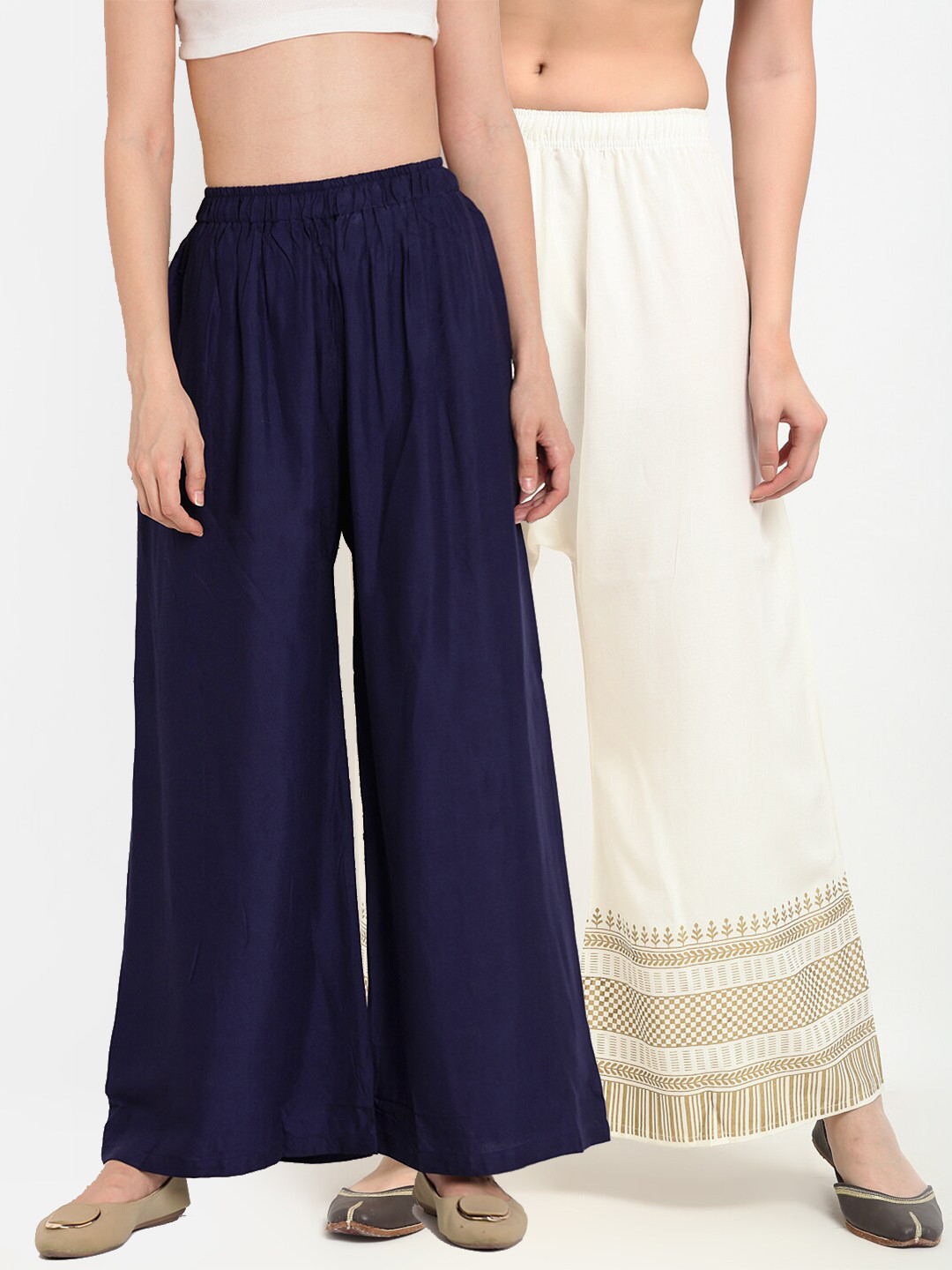 

TAG 7 Women Navy Blue & White Pack of 2 Printed Palazzos