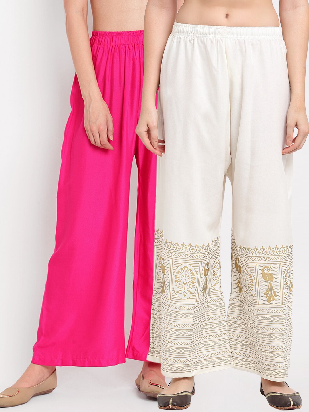

TAG 7 Women Pack of 2 Pink & Off White Ethnic Motifs Printed Flared Palazzos