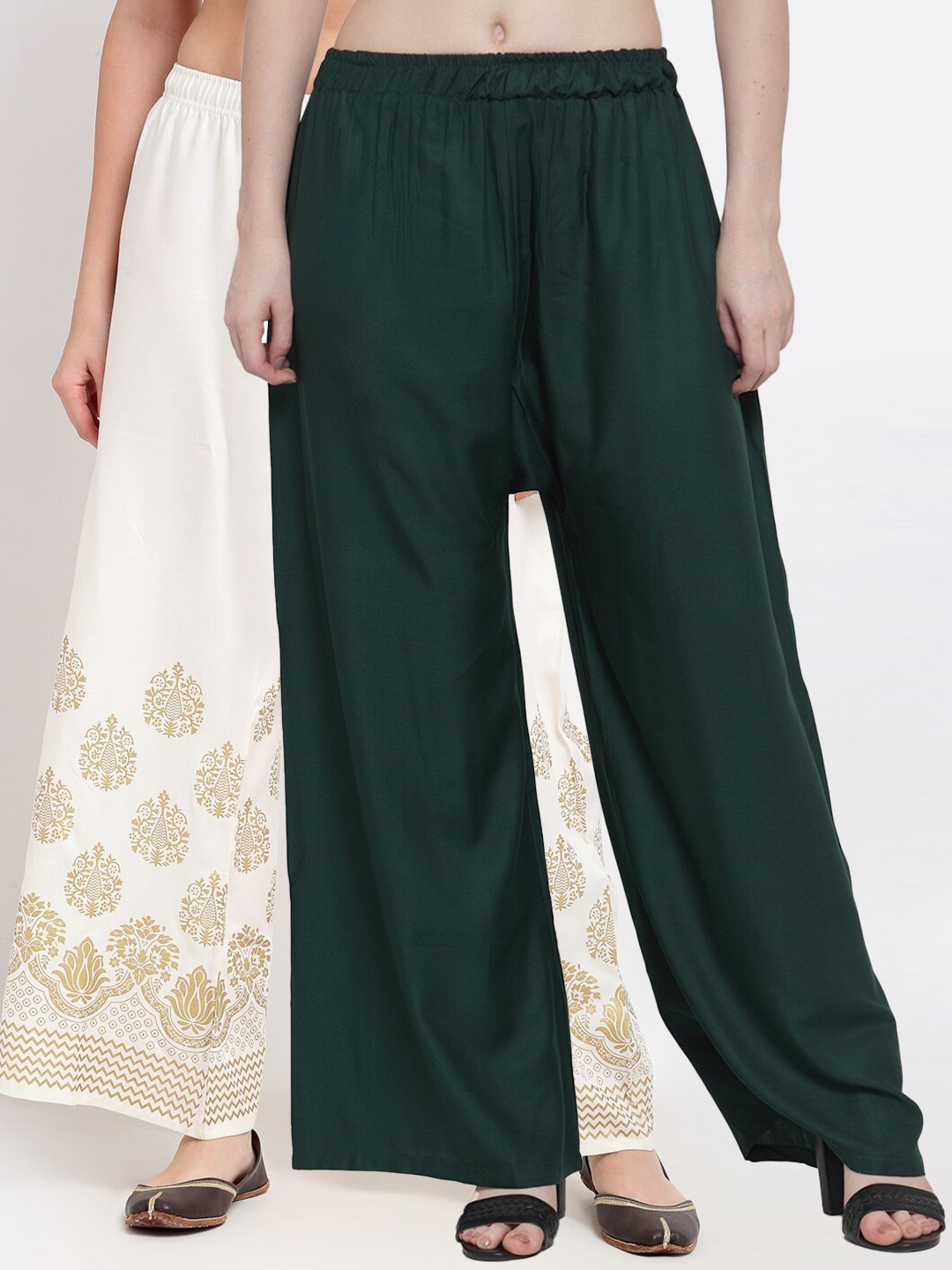 

TAG 7 Women Pack of 2 Green & Off White Ethnic Motifs Printed Flared Palazzos