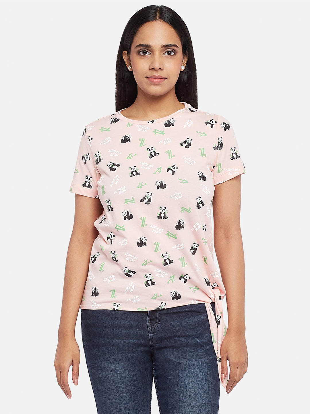 

People Pink & Black Panda Printed Regular Top
