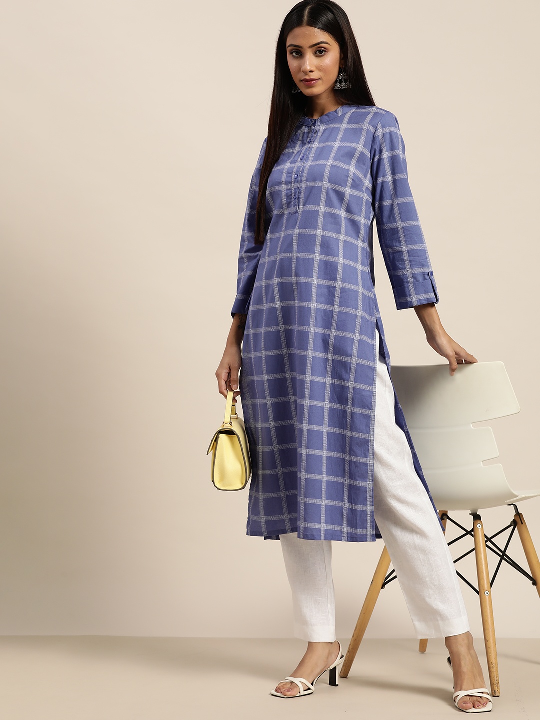 

Moda Rapido Women Blue & White Pure Cotton Checked Kurta