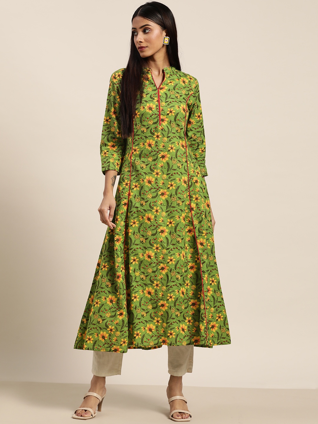 

Moda Rapido Women Green & Yellow Pure Cotton Floral Printed Floral Kurta
