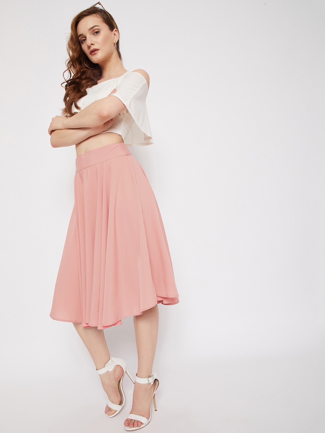 

Berrylush Women Rose Solid Flared Midi Skirt