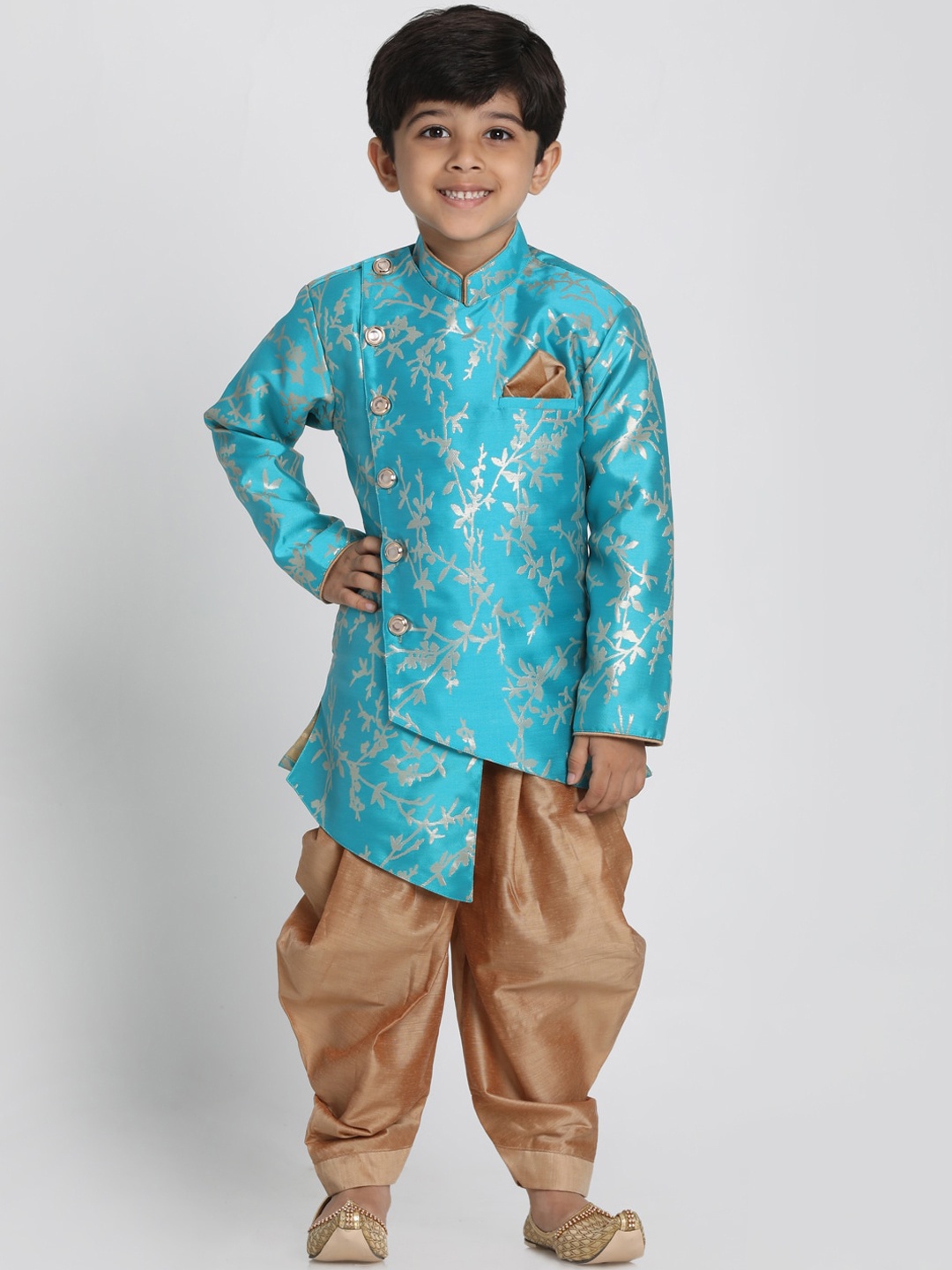 

VASTRAMAY Boys Blue & Brown Printed Sherwani With Dhoti Pants