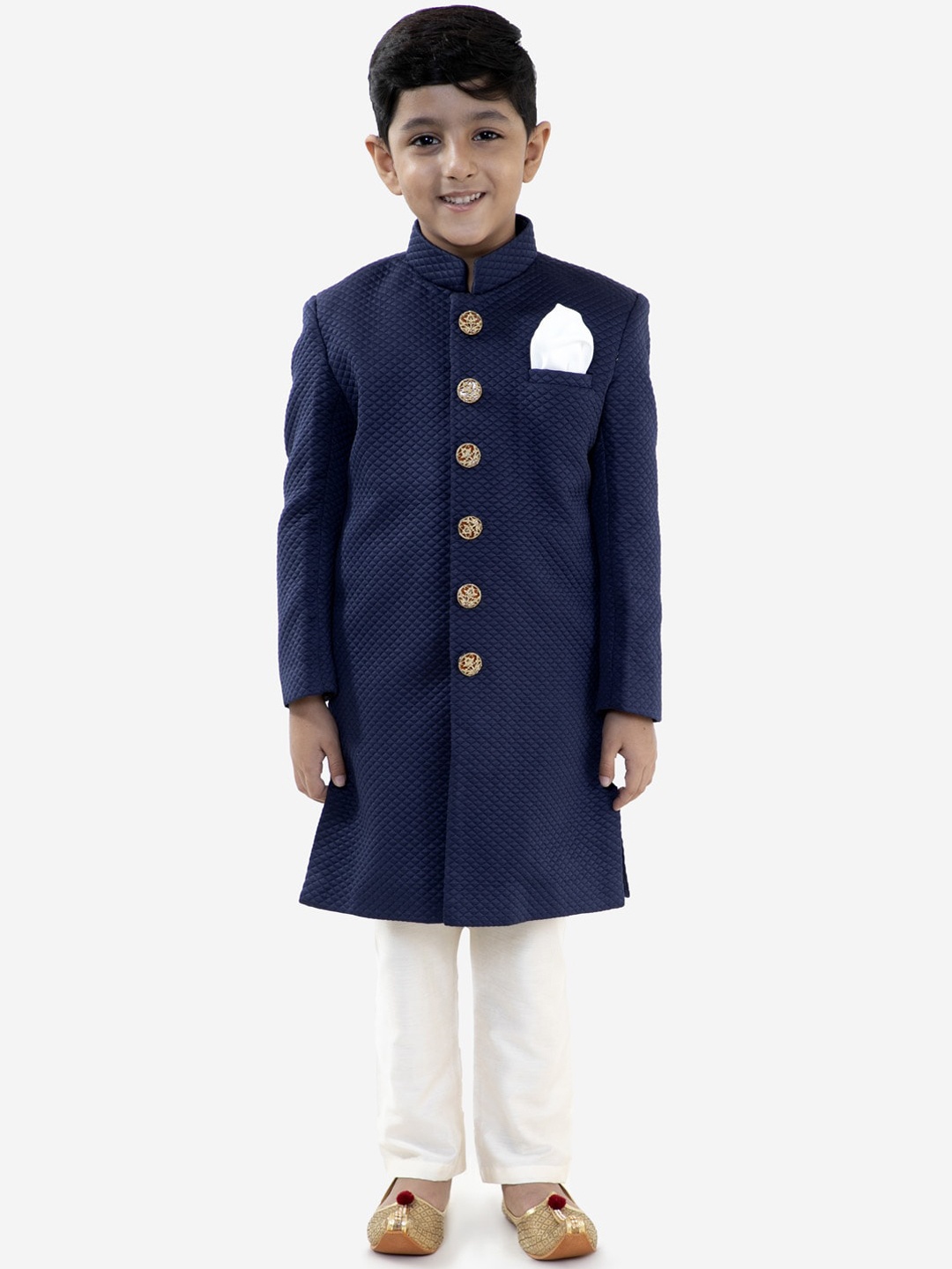 

VASTRAMAY Boys Navy Blue & White Self Design Slim-Fit Sherwani set