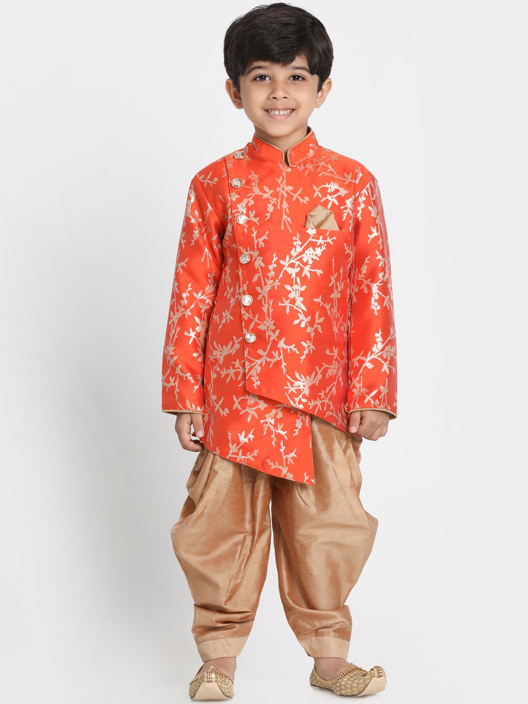 

VASTRAMAY Boys Orange & Gold-Coloured Printed Slim-Fit Sherwani Set