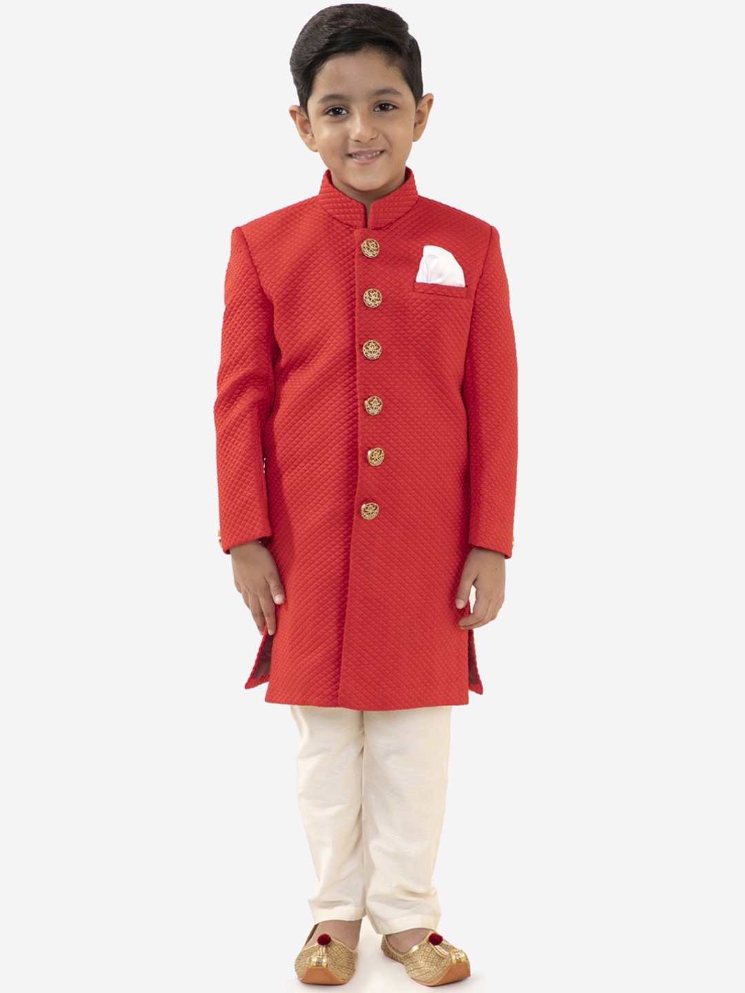 

VASTRAMAY Boys Red & White Slim-Fit Sherwani Set