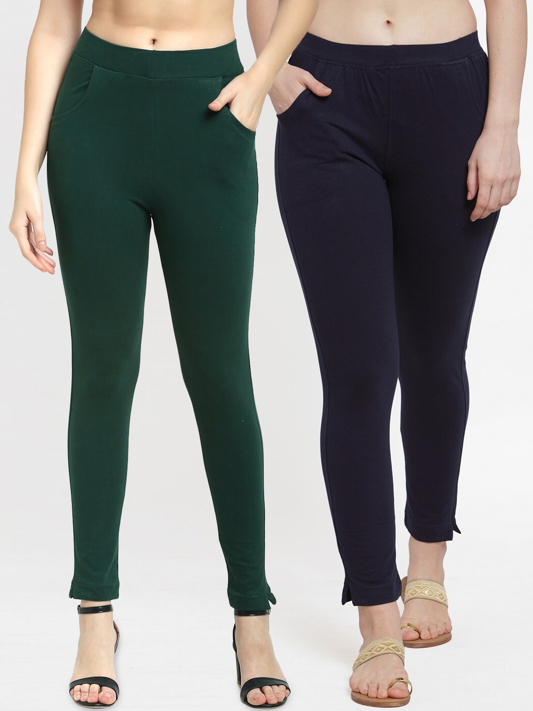 

TAG 7 Women Set of 2 Green & Navy Blue Solid Ankle-Length Leggings