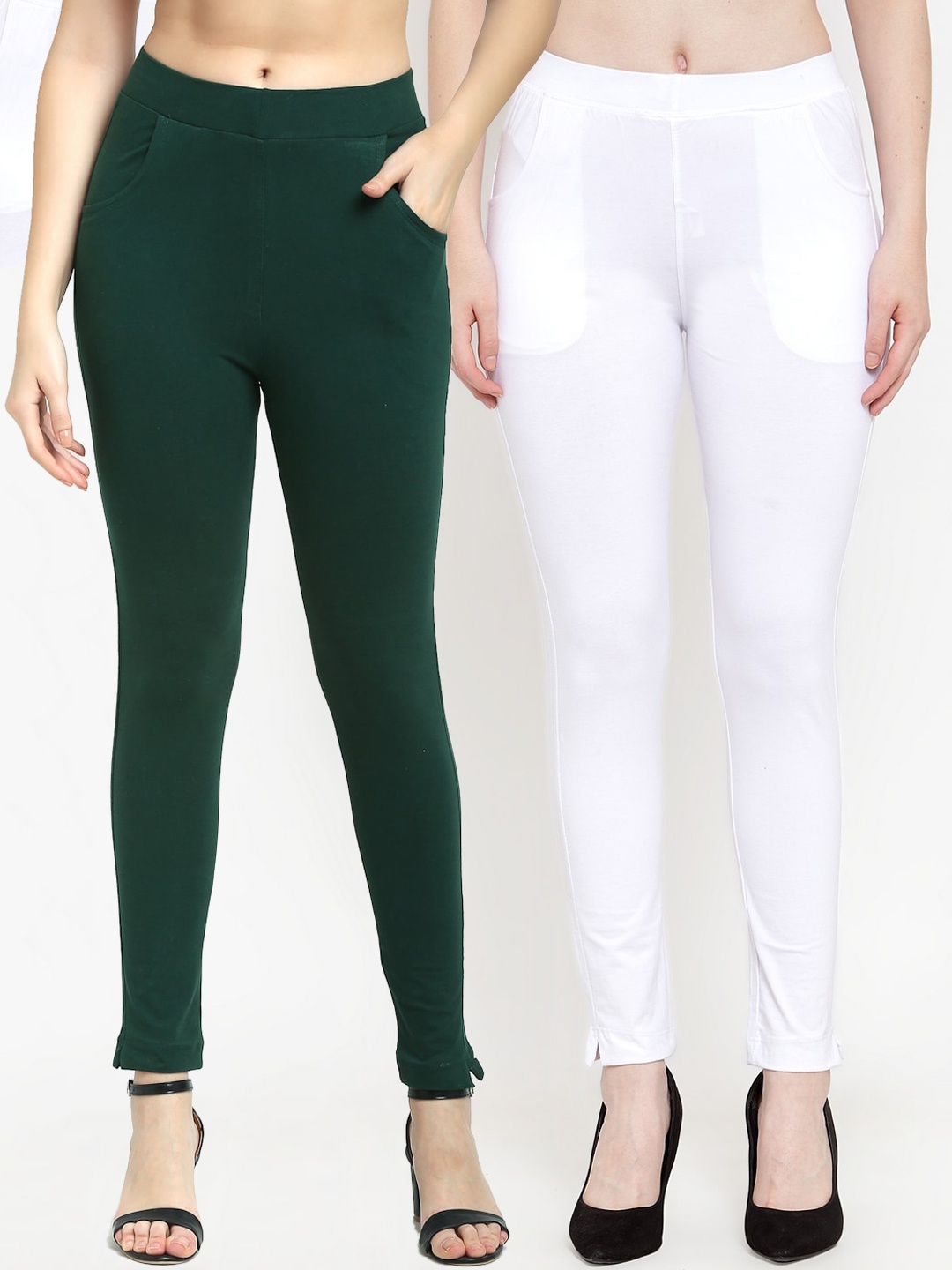 

TAG 7 Women Set of 2 Green & White Solid Ankle-Length Leggings
