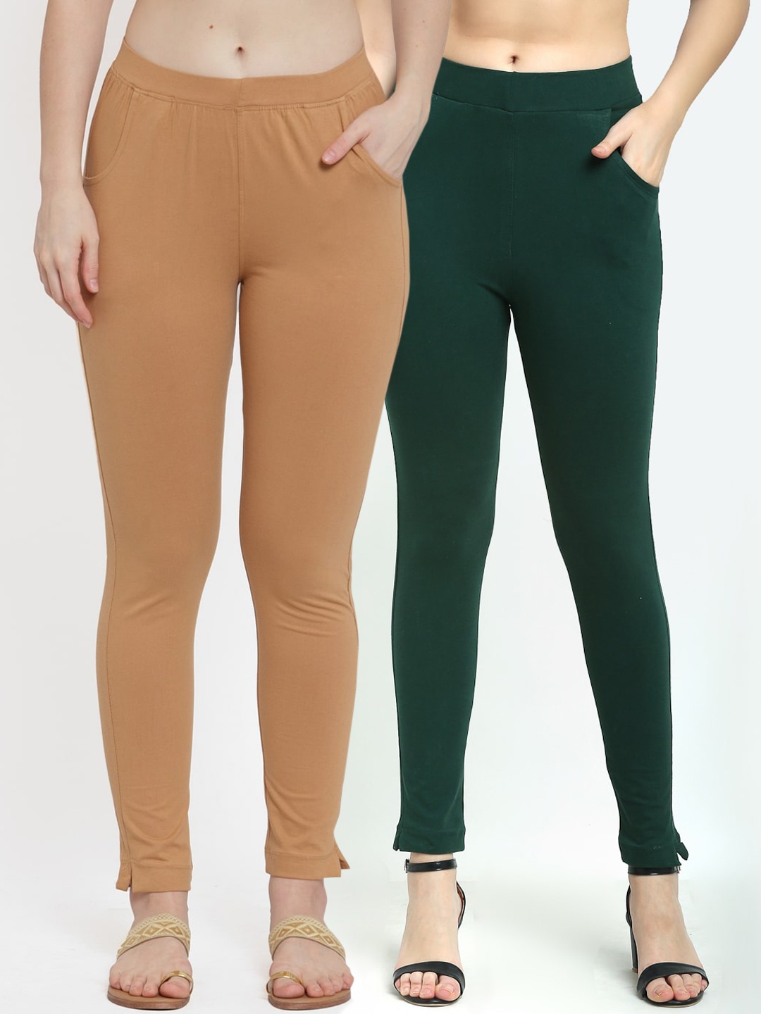 

TAG 7 Women Set of 2 Green & Beige Solid Ankle-Length Leggings