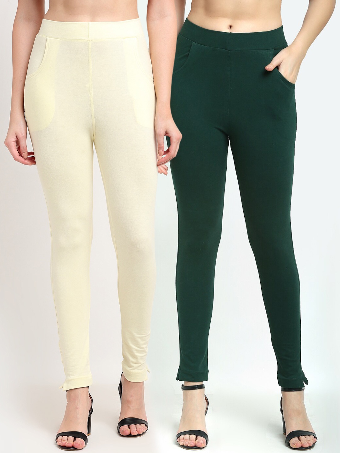 

TAG 7 Women Set of 2 Green & Cream-Coloured Solid Ankle-Length Leggings