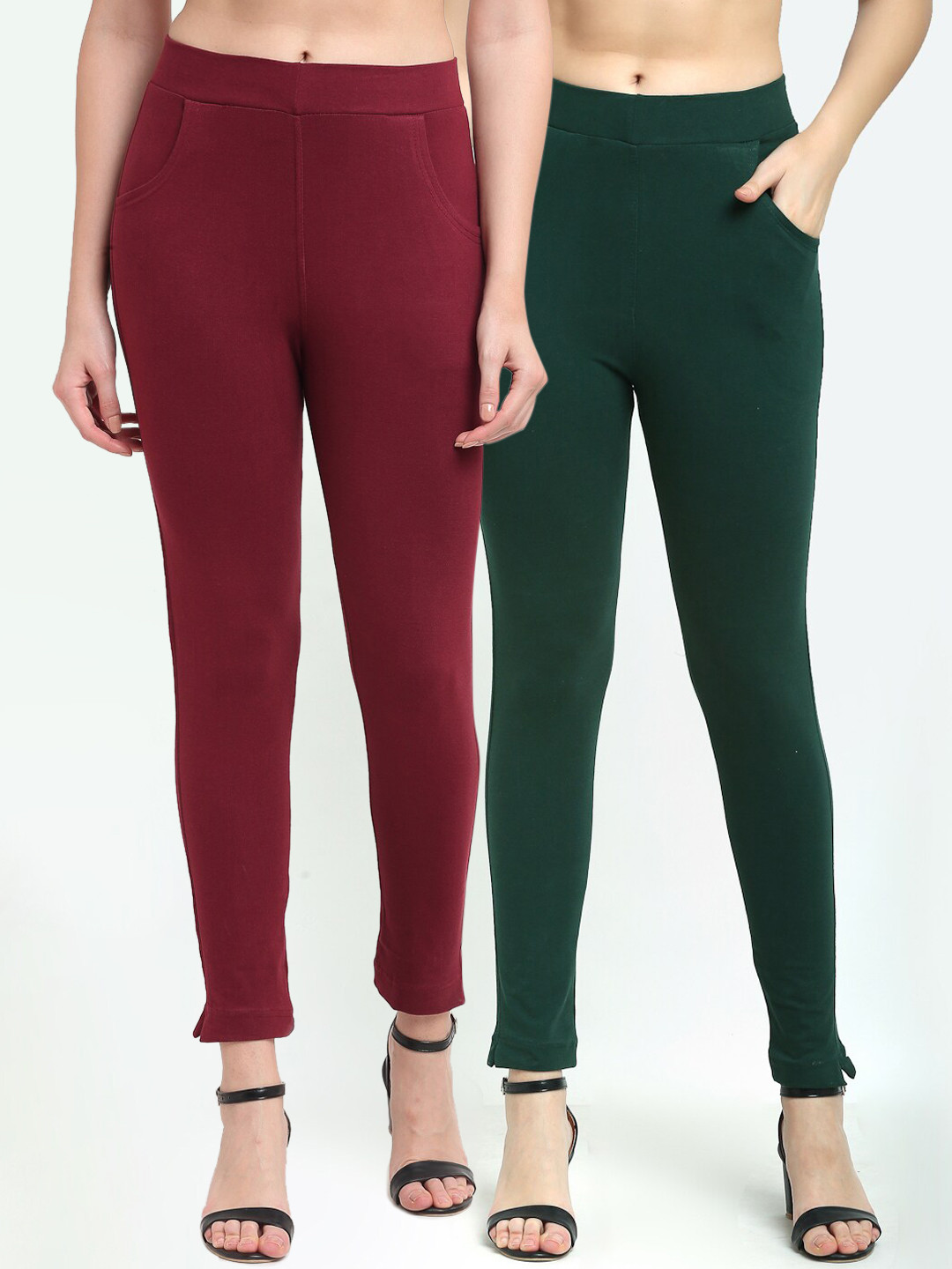 

TAG 7 Women Set of 2 Green & Maroon Solid Ankle-Length Leggings