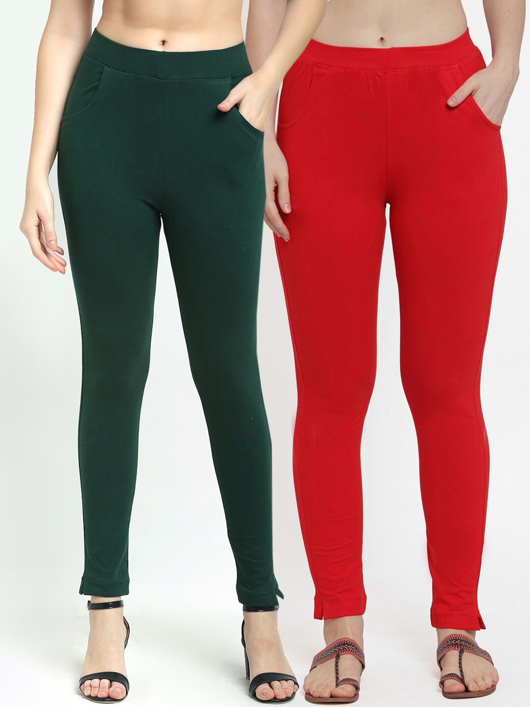 

TAG 7 Women Set of 2 Green & Red Solid Ankle-Length Leggings