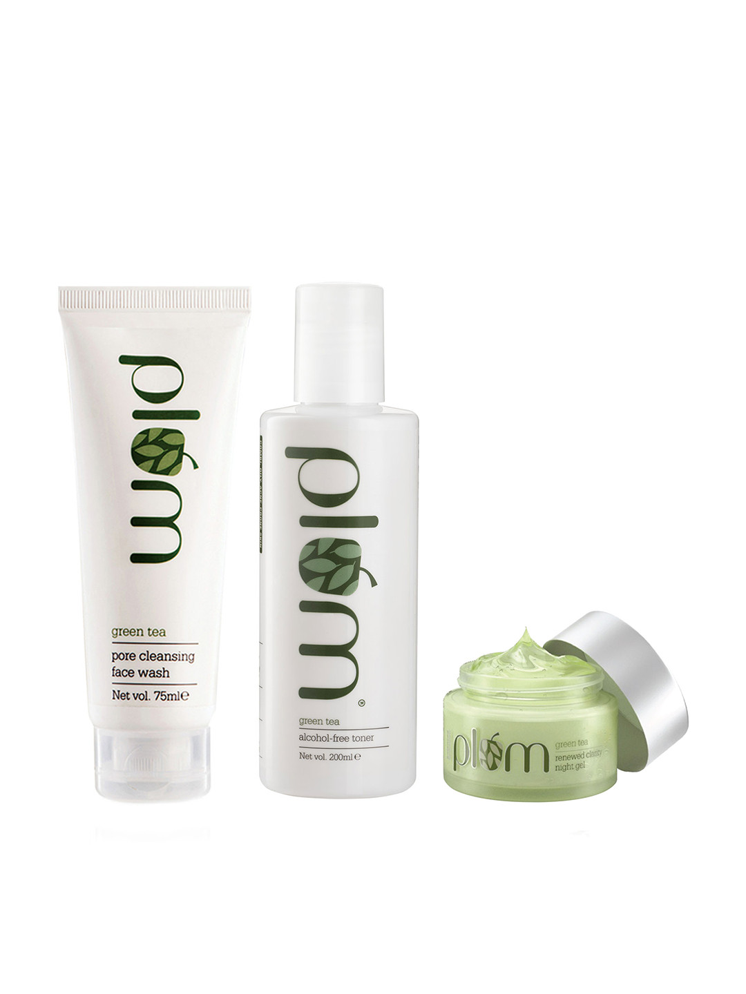 

Plum Set of Green Tea Toner - Face Wash & Night Gel, White