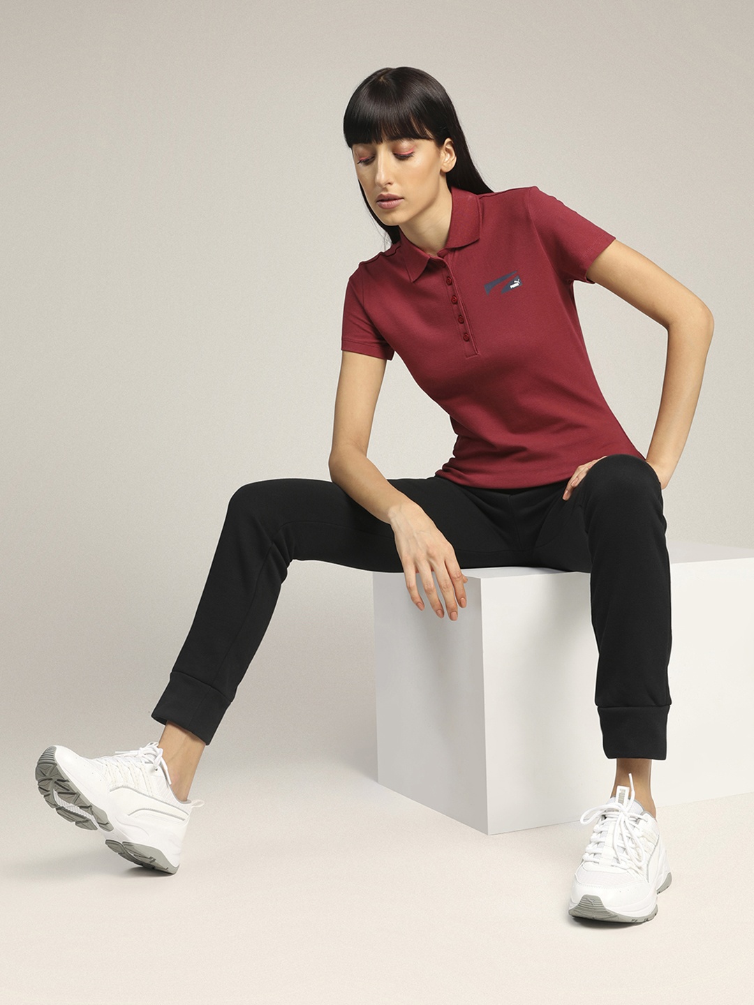 

Puma Formstripe Women Red Small Brand Logo Polo Collar Slim Fit T-shirt