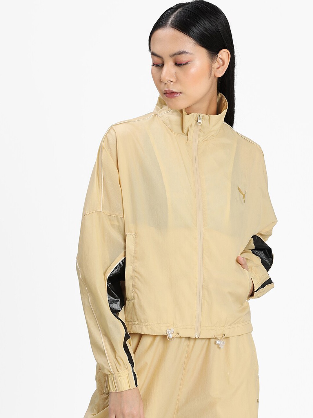 

Puma Women Gold-Toned & Black Colourblocked Open Front Jacket