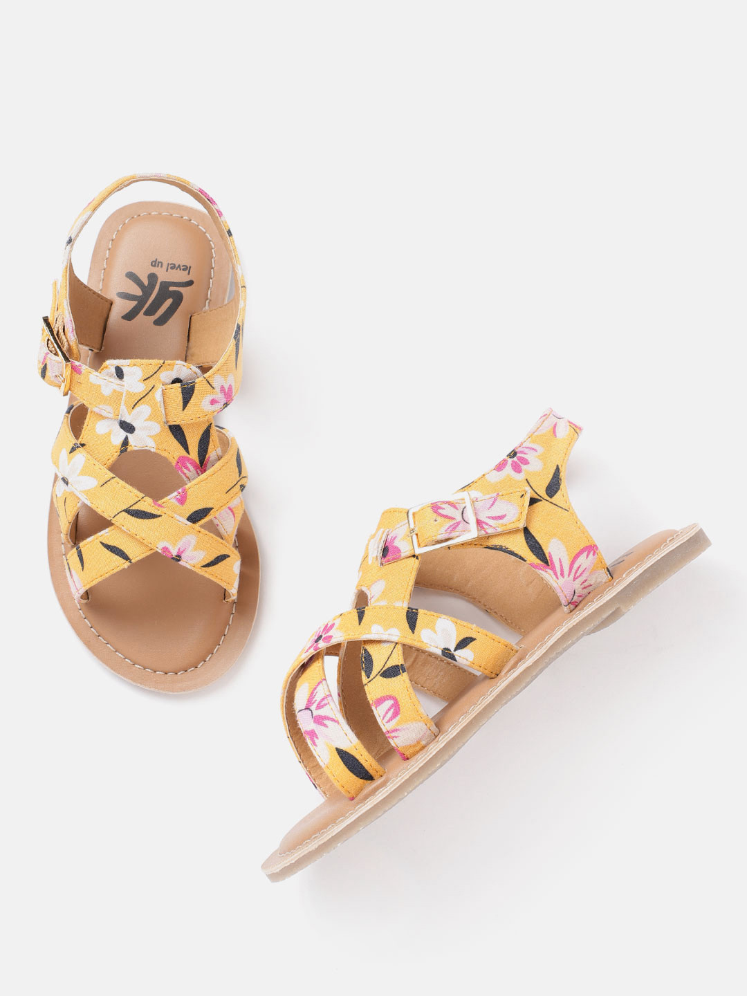 

YK Girls Yellow & Pink Floral Printed Open Toe Flats