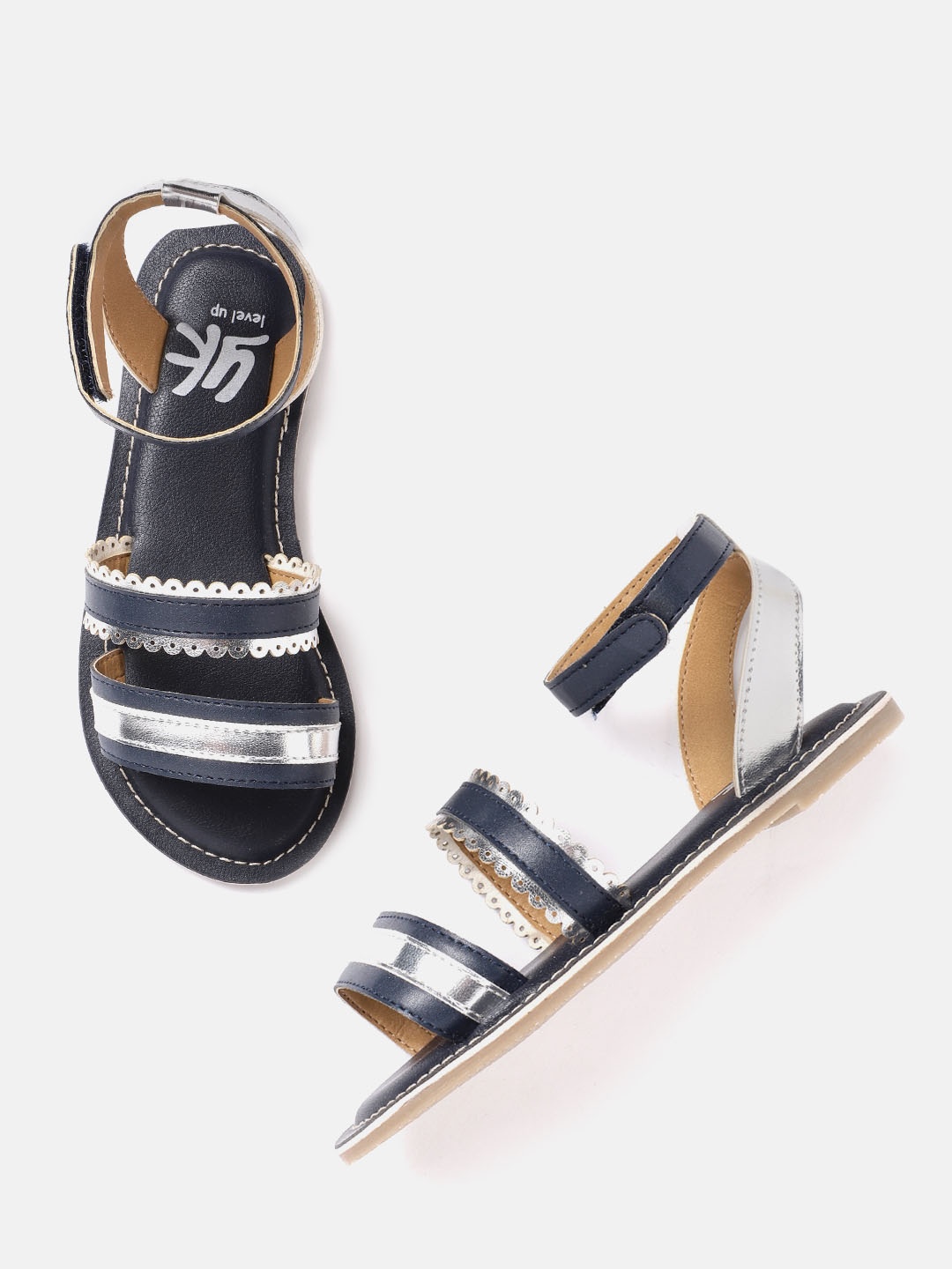

YK Girls Navy Blue & Silver-Toned Colourblocked Open Toe Flats