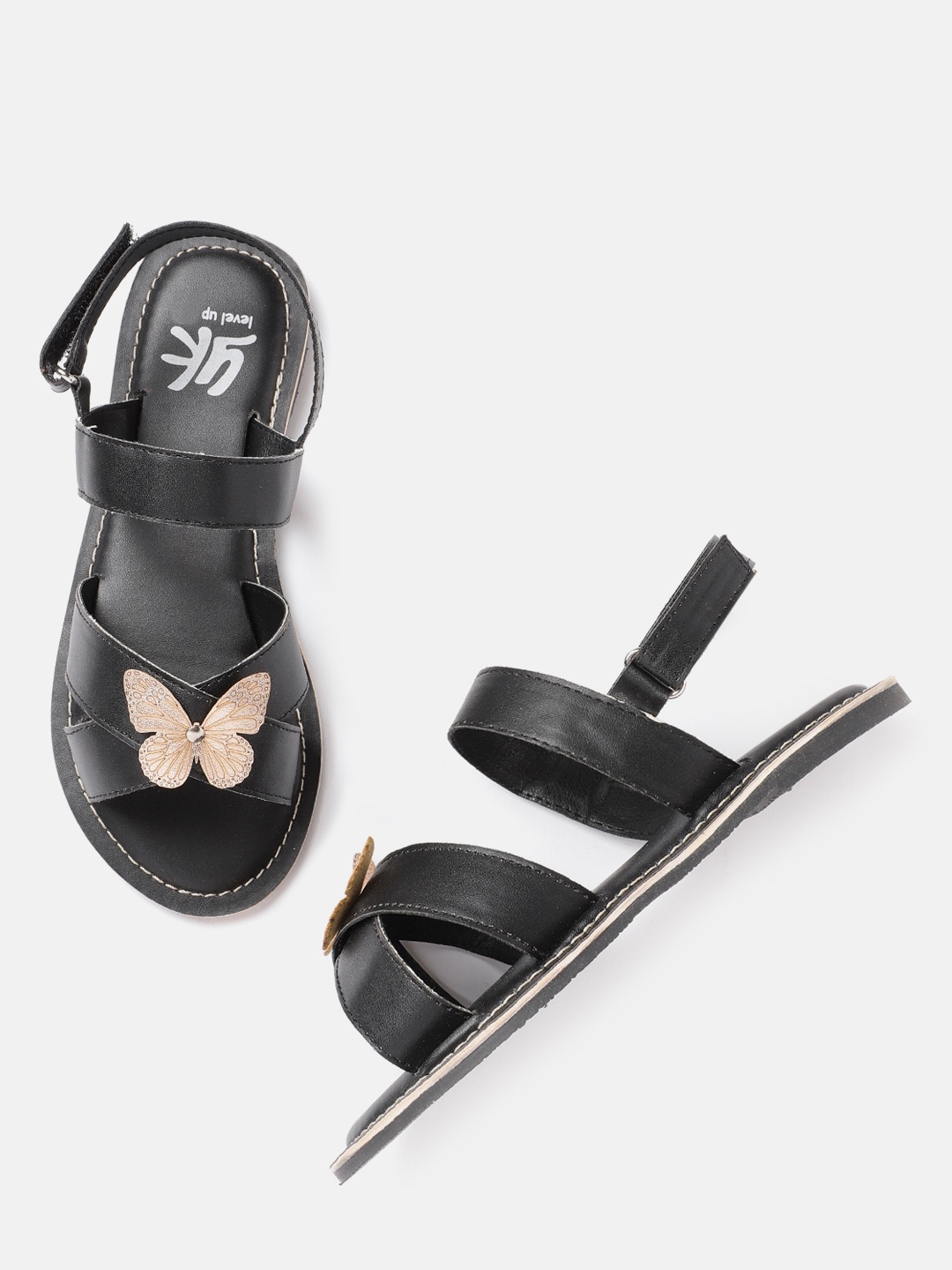 

YK Girls Black Solid Open Toe Flats with Butterfly Applique Detail