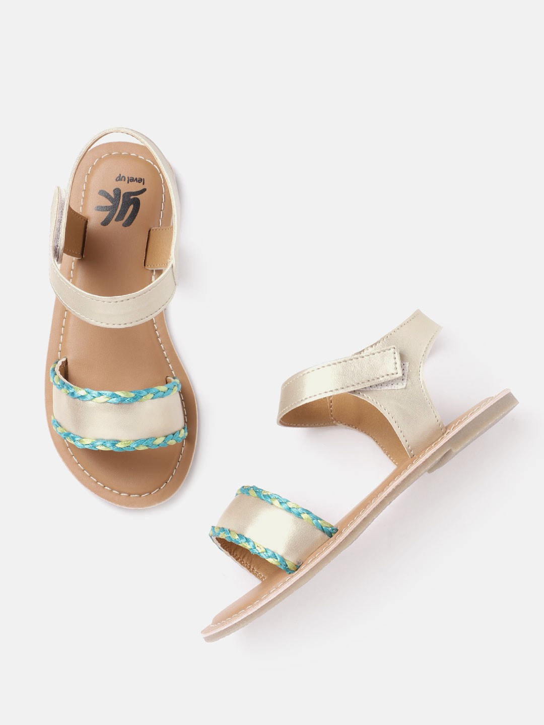 

YK Girls Gold-Toned & Blue Solid Open Toe Flats with Braided Detail