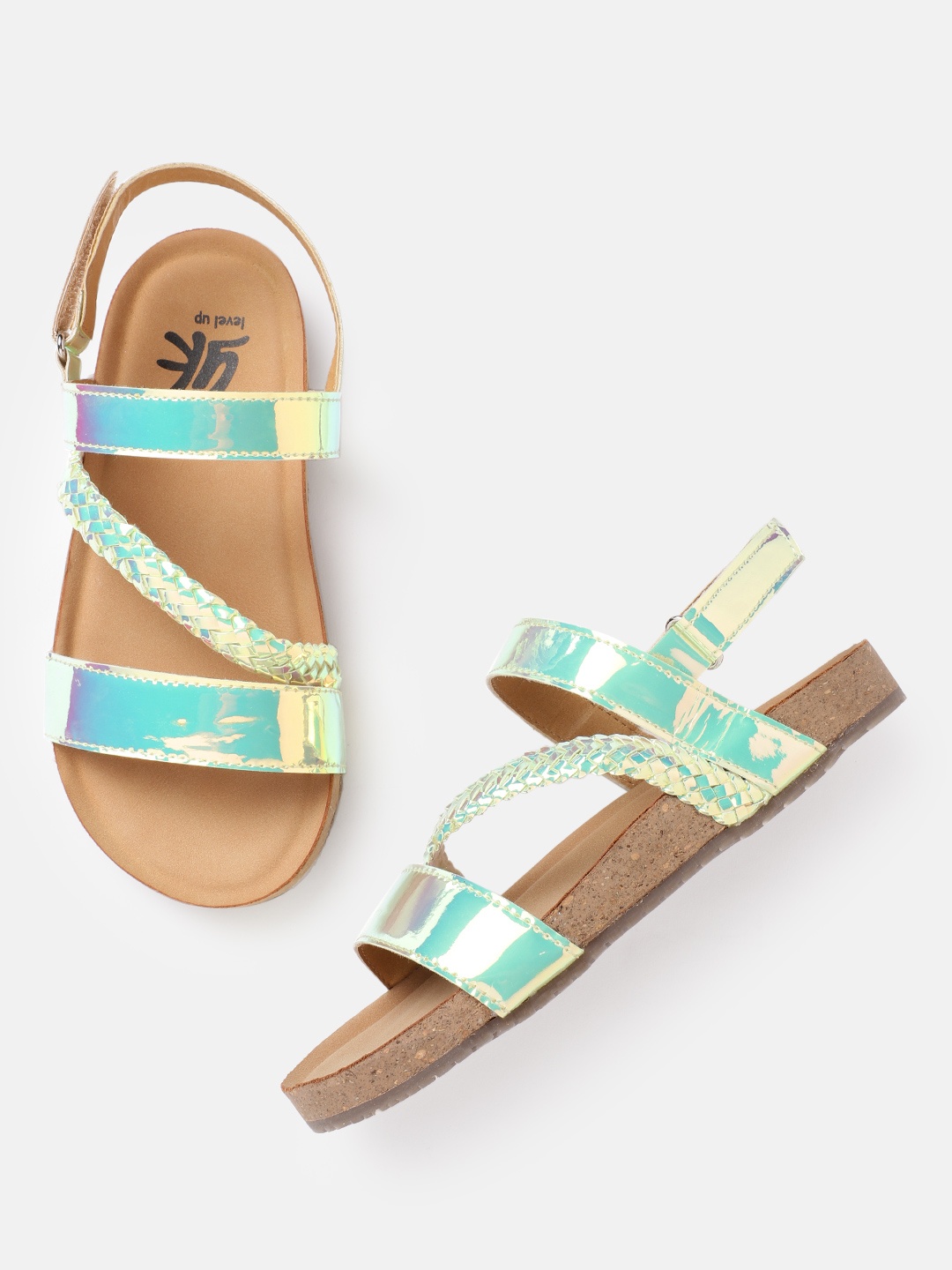 

YK Girls Green Braided Iridescent Effect Open Toe Flats