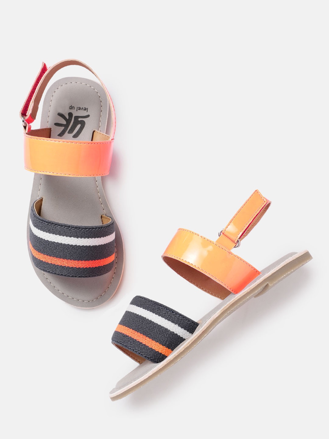

YK Girls Charcoal Grey and Orange Striped Open Toe Flats