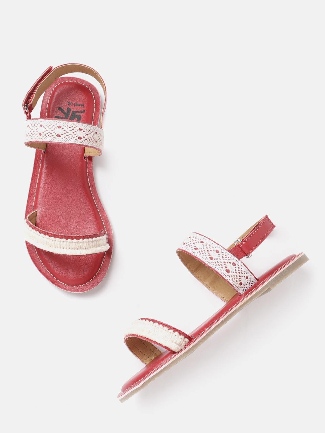

YK Girls Brick Red & Off-White Lace Detail Open Toe Flats