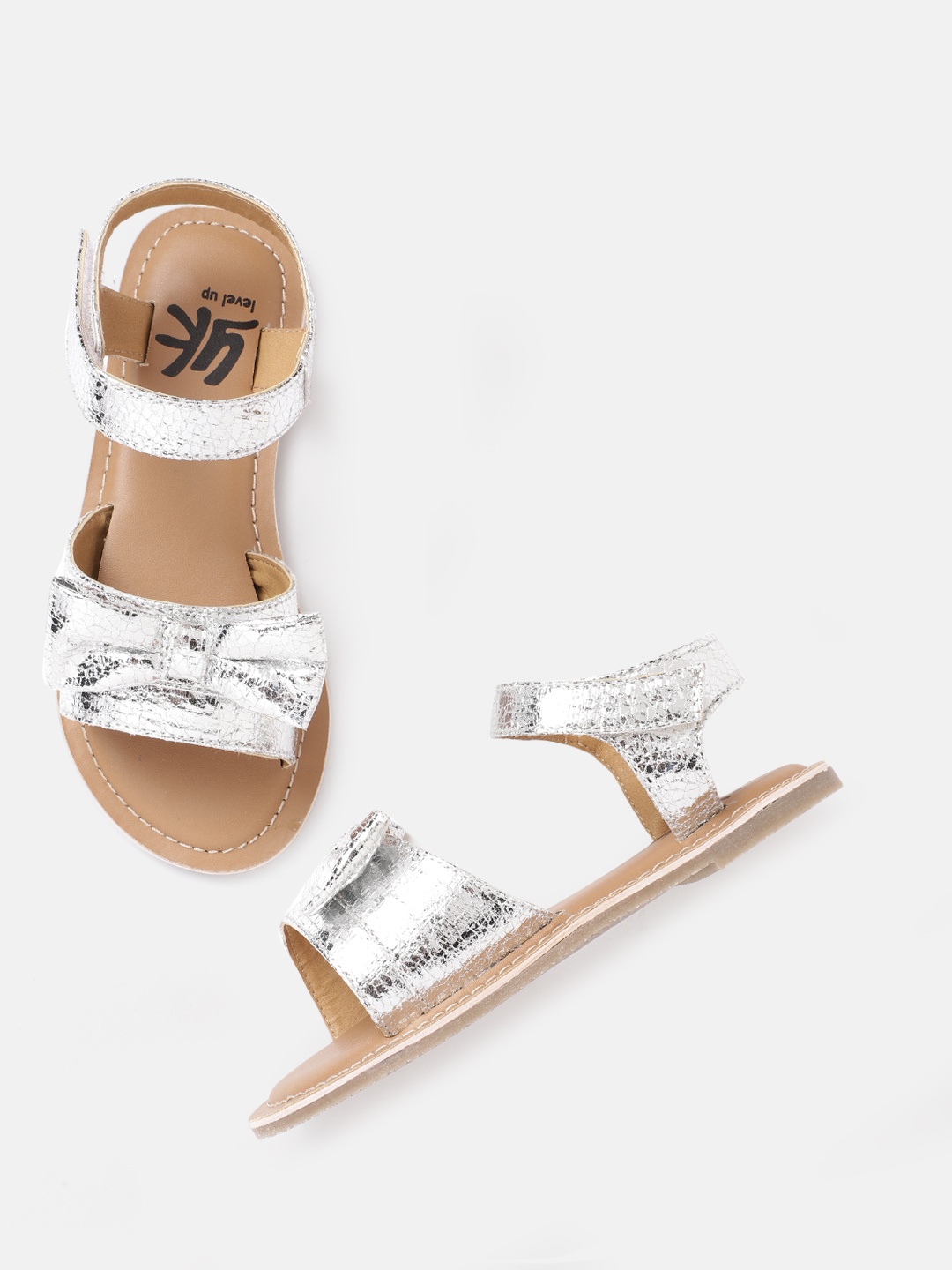 

YK Girls Silver-Toned Textured Open Toe Flats with Bow Detail