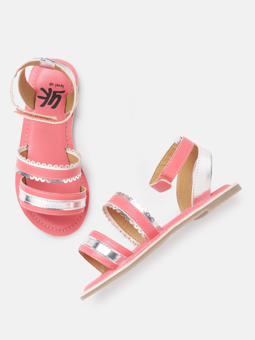 

YK Girls Coral Pink & Silver-Toned Striped Open Toe Flats