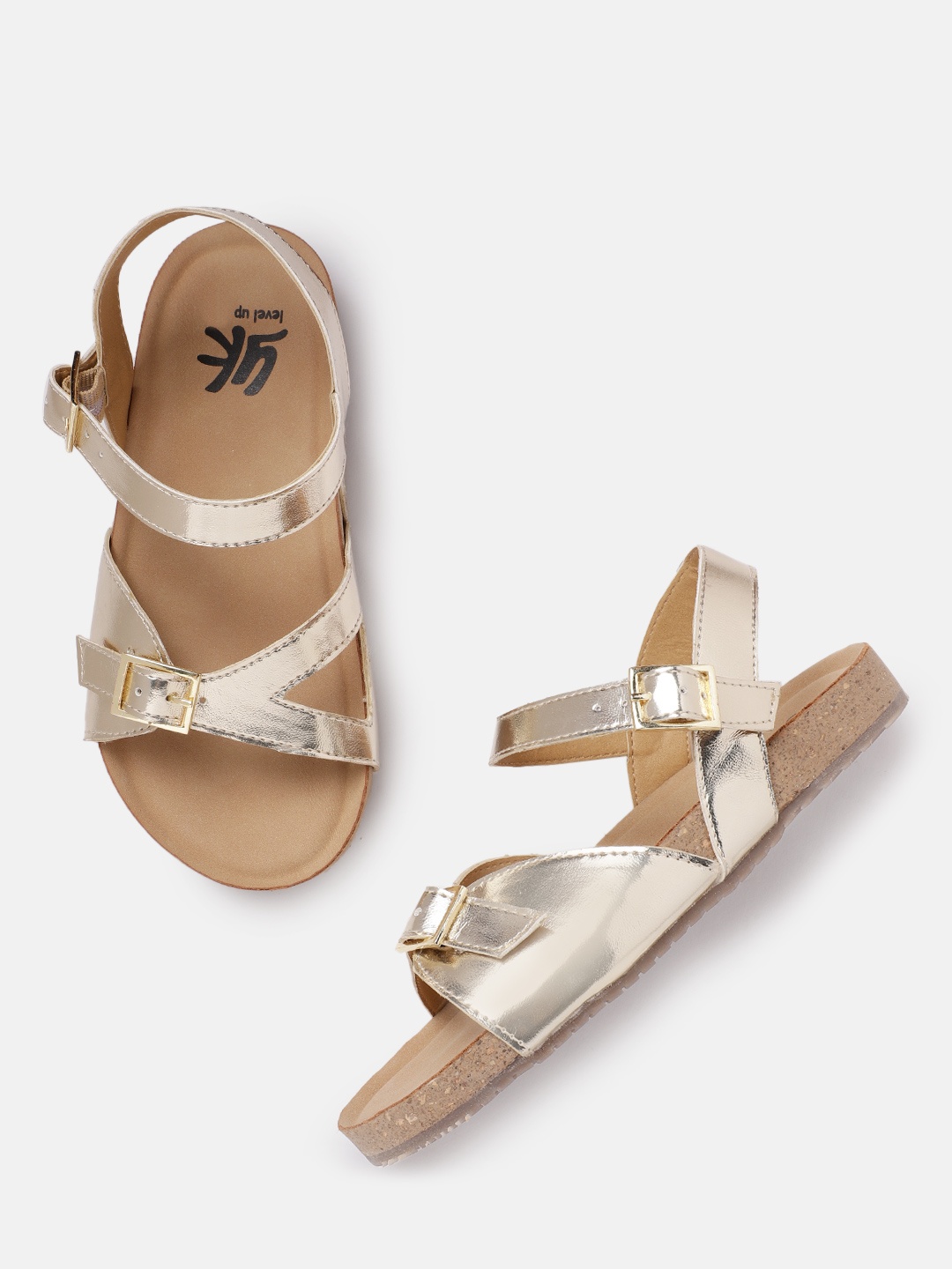 

YK Girls Gold-Toned Solid Open Toe Flats with Buckle Detail