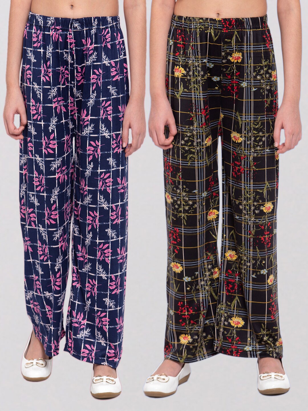 

KLOTTHE Girls Pack of 2 Navy Blue & Black Printed Flared Palazzos
