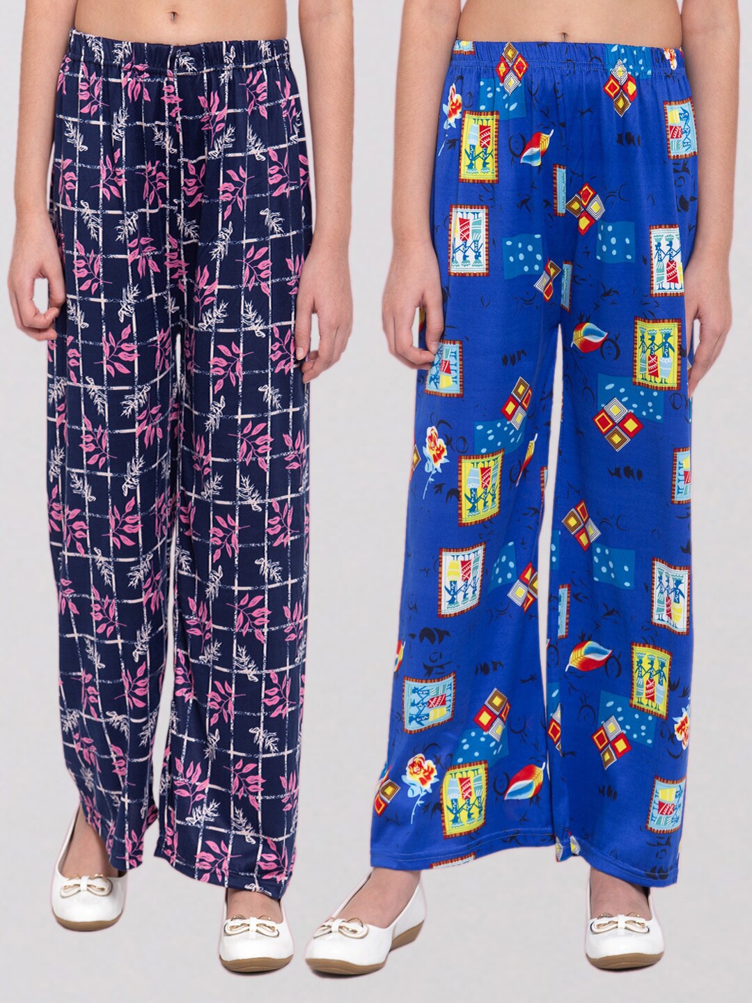 

KLOTTHE Girls pack of 2 Blue & Red Printed Wide Leg Palazzos