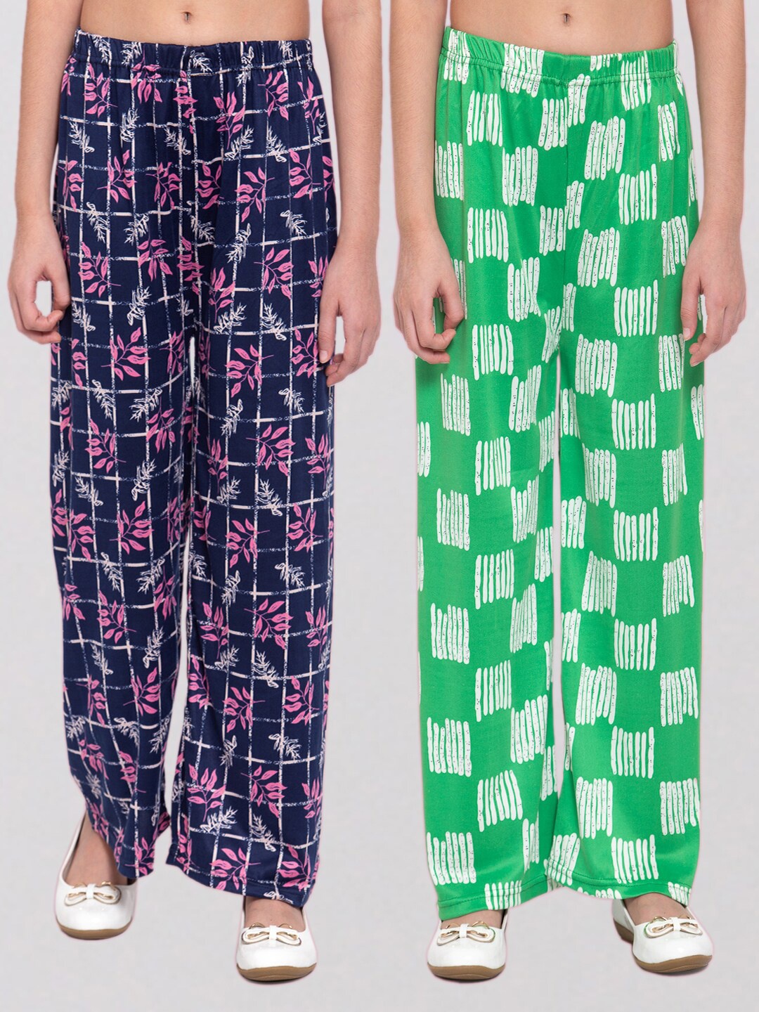 

KLOTTHE Girls Pack of 2 Green & Navy Blue Printed Wide Leg Palazzos