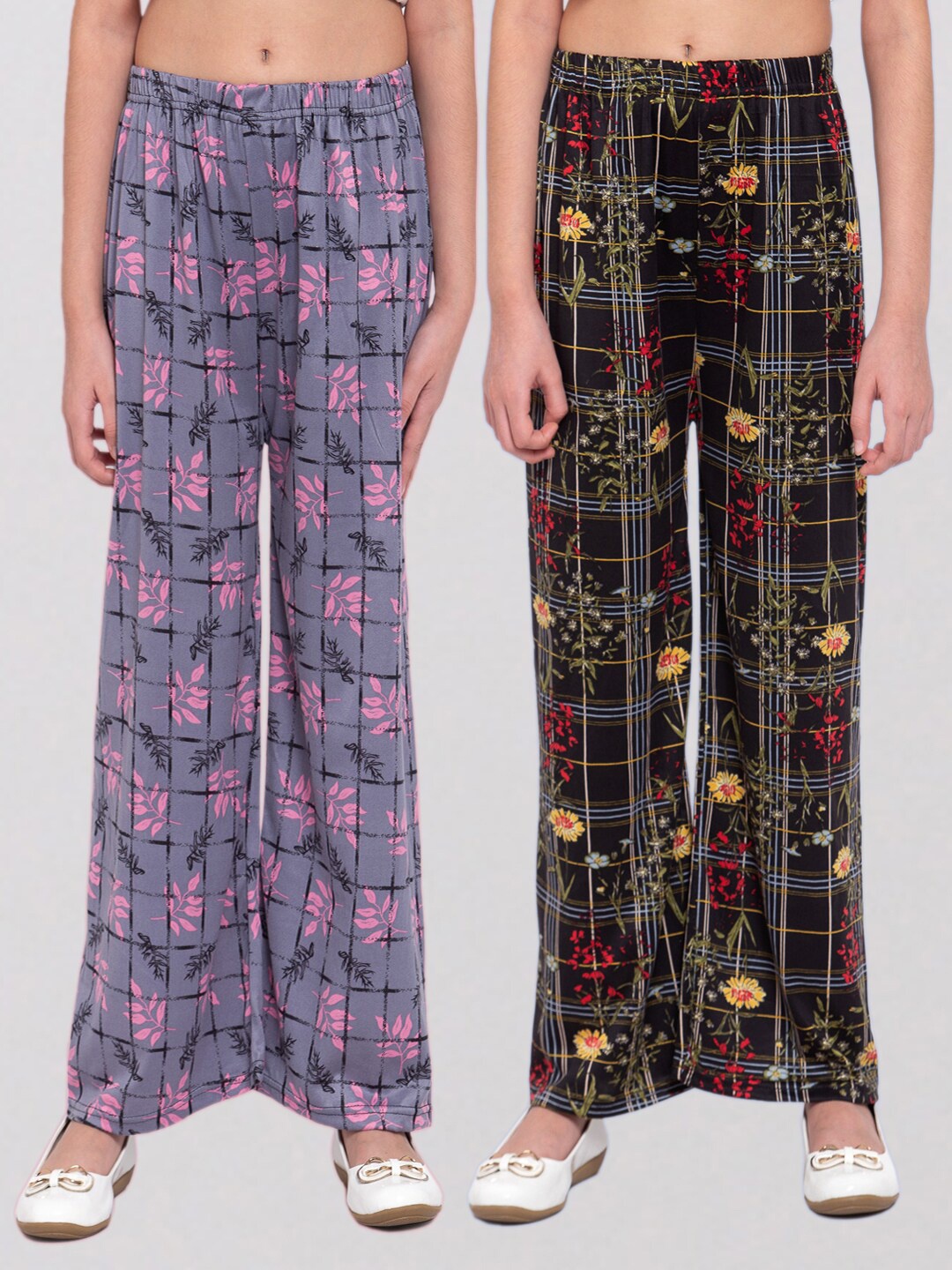 

KLOTTHE Girls Grey & Black Pack Of 2 Floral Printed Palazzos