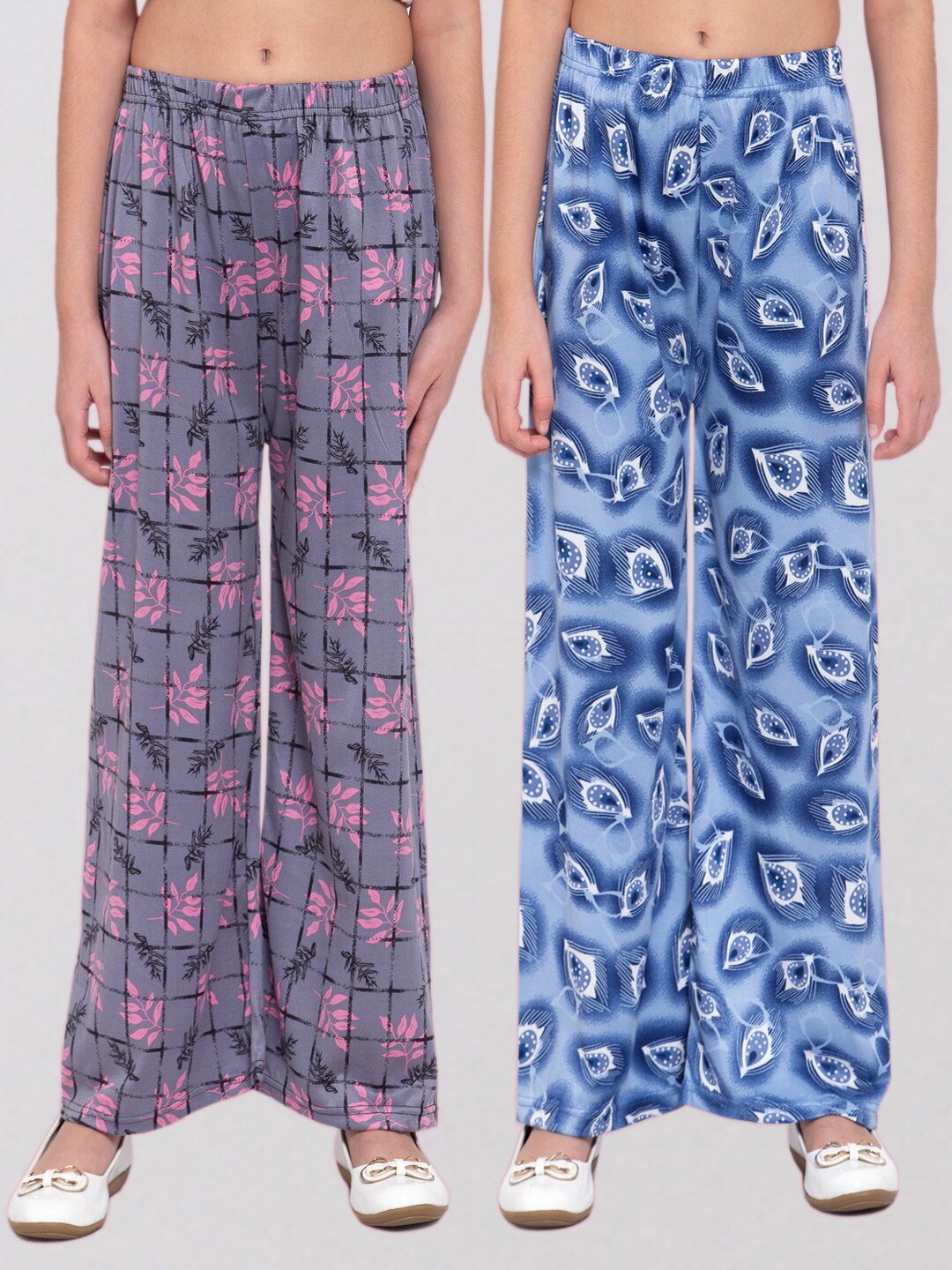 

KLOTTHE Girls Pack of 2 Grey & Blue Printed Wide Leg Palazzos