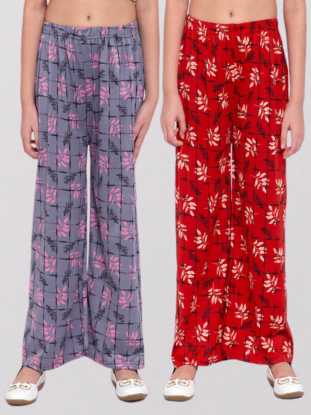 

KLOTTHE Girls Red & Grey Pack Of 2 Floral Printed Palazzos
