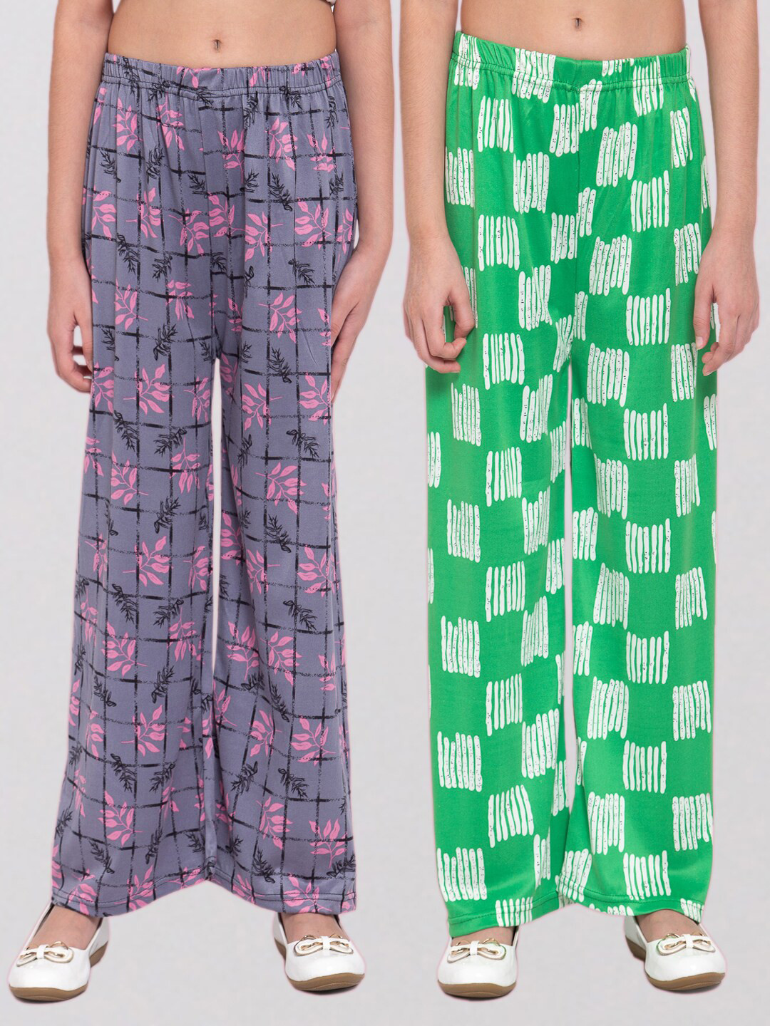 

KLOTTHE Girls Pack of 2 Green & Grey Printed Wide Leg Palazzos